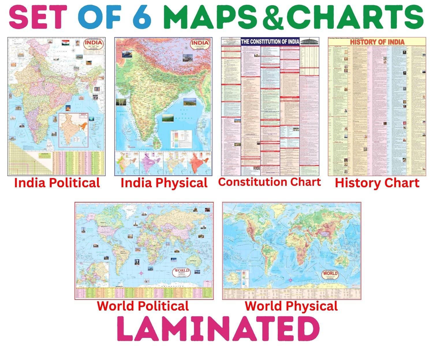 India & World Map (Both Political & Physical) With Indian Constitution And Indian History Chart | Laminated | Set Of 6 Maps And 