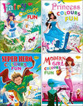 Colours Fun | Set Of 4 Colouring Books  Fairy, Princess, Super Heroes And Modern Girl