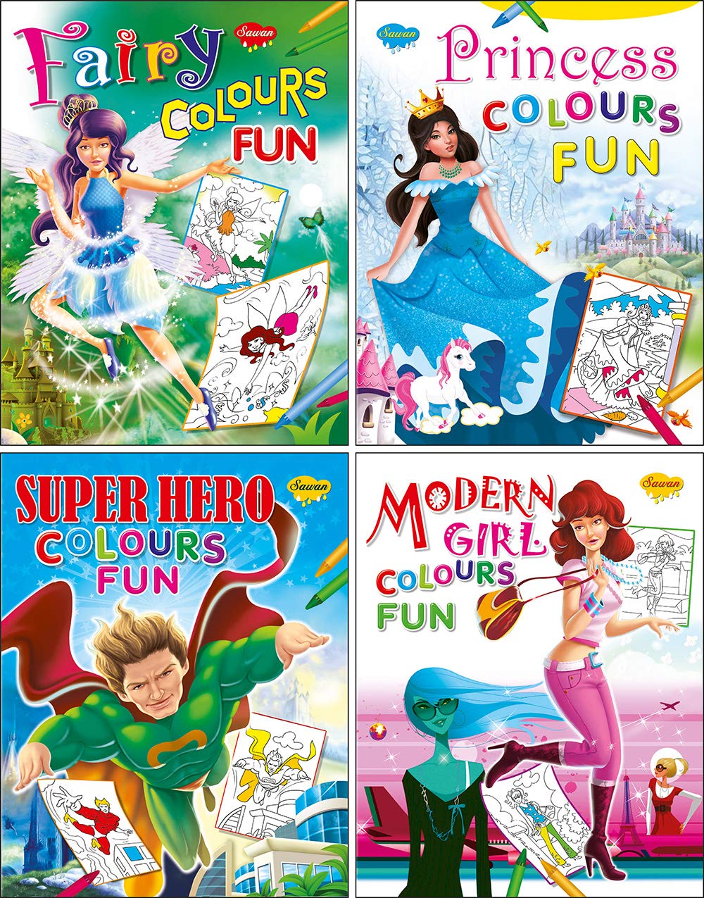 Colours Fun | Set Of 4 Colouring Books  Fairy, Princess, Super Heroes And Modern Girl