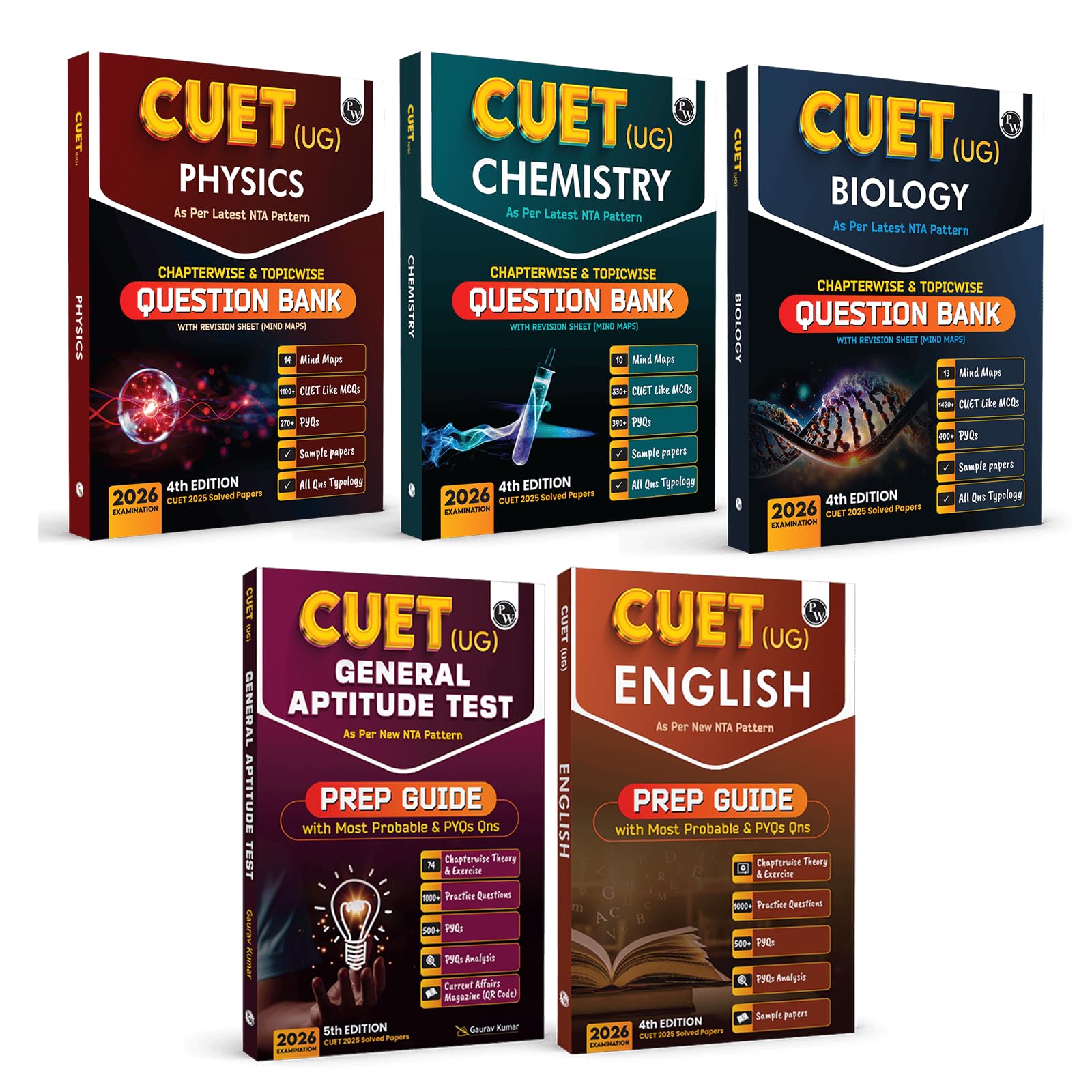 PW CUET UG Entrance Exam Books 2026  Physics, Chemistry, Biology, General Test & Eng Combo Set of 5 | Chapterwise & Topicwise M