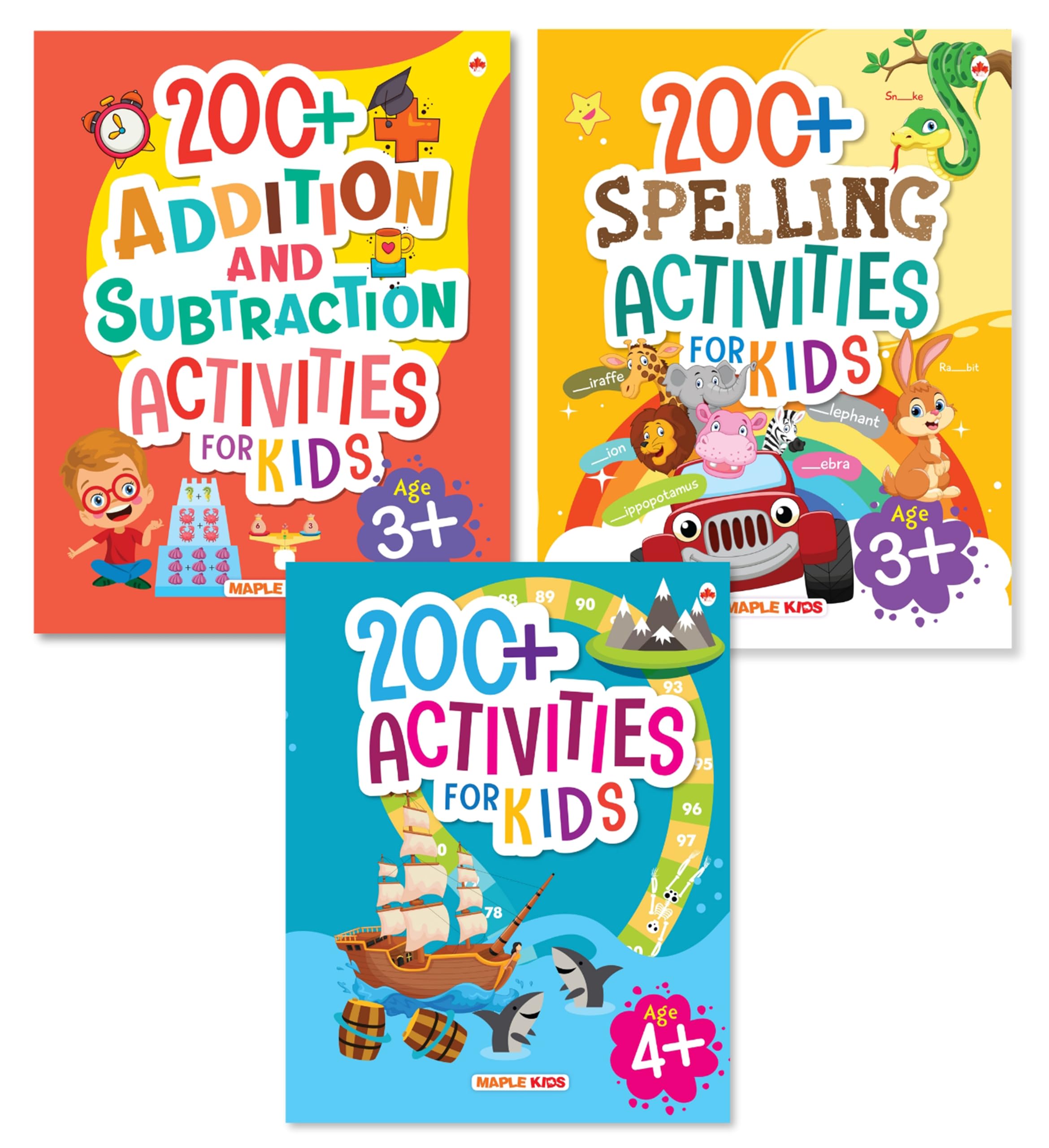 Activity Books for Kids  200+ Addition and Subtraction, 200+ Spelling, 200+ Brain Boosting Activities 4+ (Set of 3 Books)  Kid
