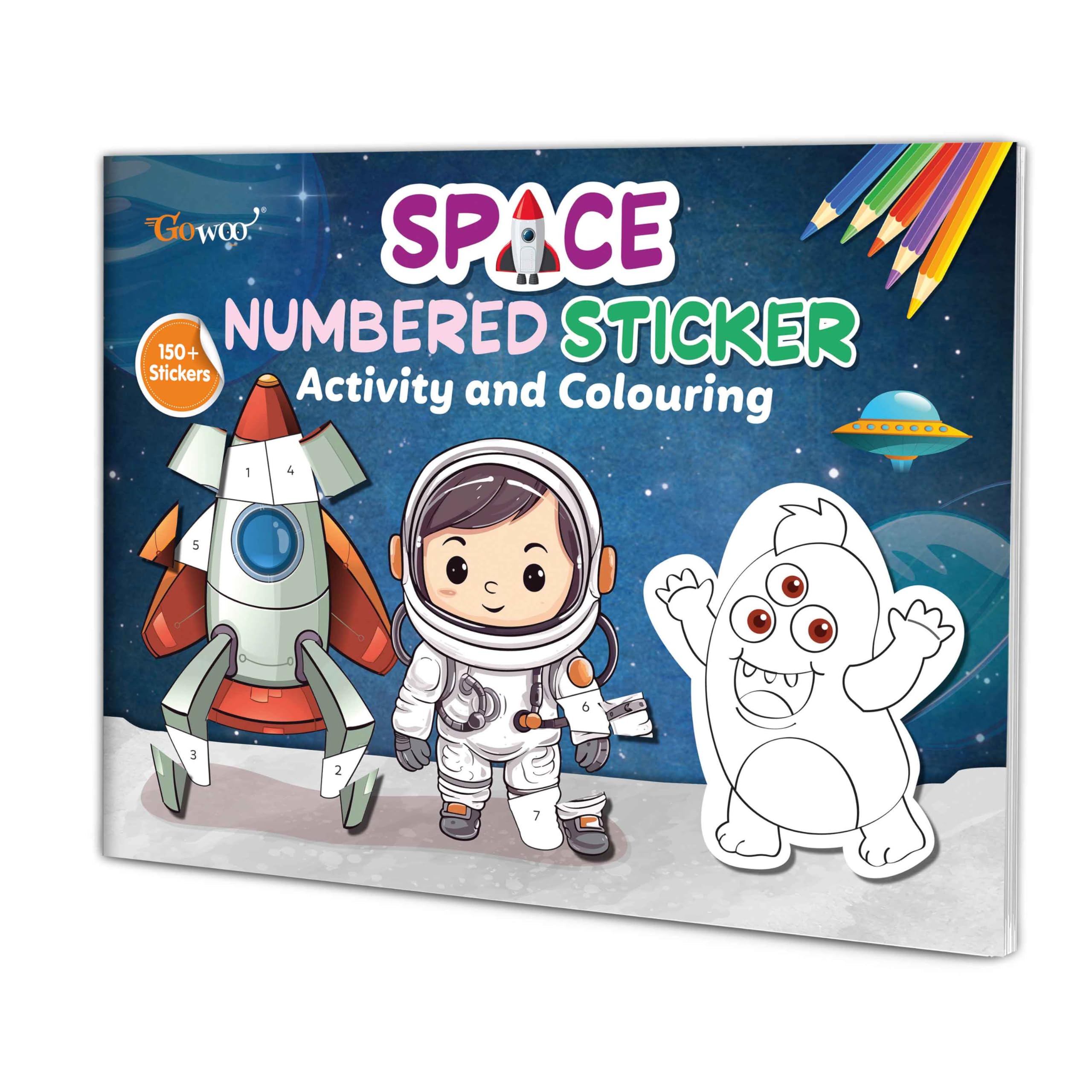 Space Numbered Sticker Activity and Colouring book for age 3+ Kids : Sticker play and color book for children, Sticker activity 