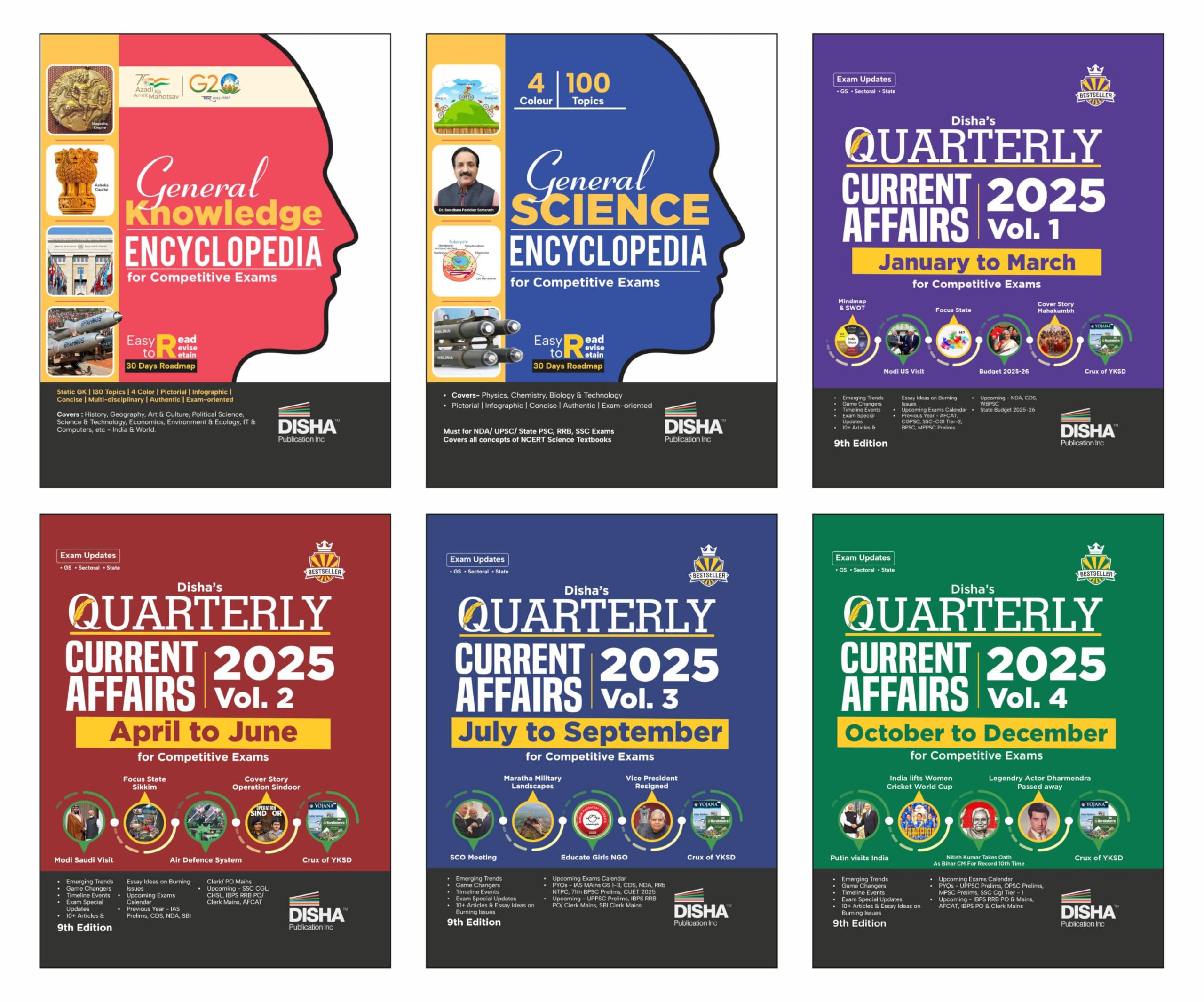 Disha Color Combo (Set Of 6 Books) General Knowledge & Science Encyclopaedia With Yearly Current Affairs 2026 (Quarterly 2025 Vo