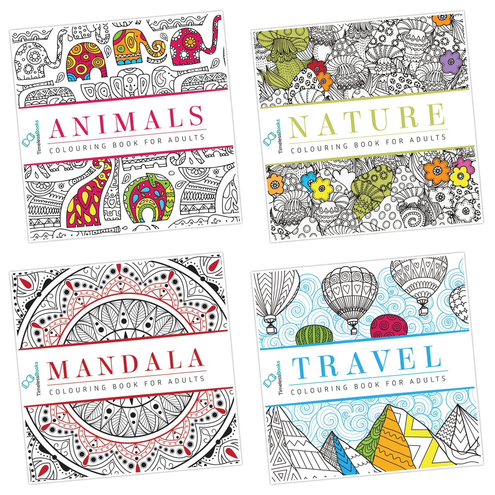 Pack Of 4 Colouring Books For Adult With Tear Out Sheet  Animals, Nature, Mandala And Travel