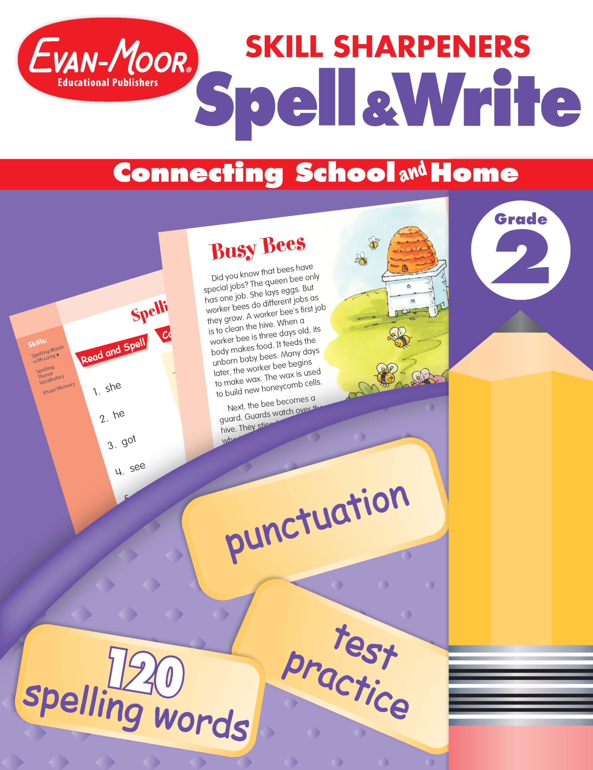 EvanMoor Skill Sharpeners Spell and Write Workbook, Grade 2, 120 Spelling Words, Test Prep, Word Families, Short Vowels, Gramma