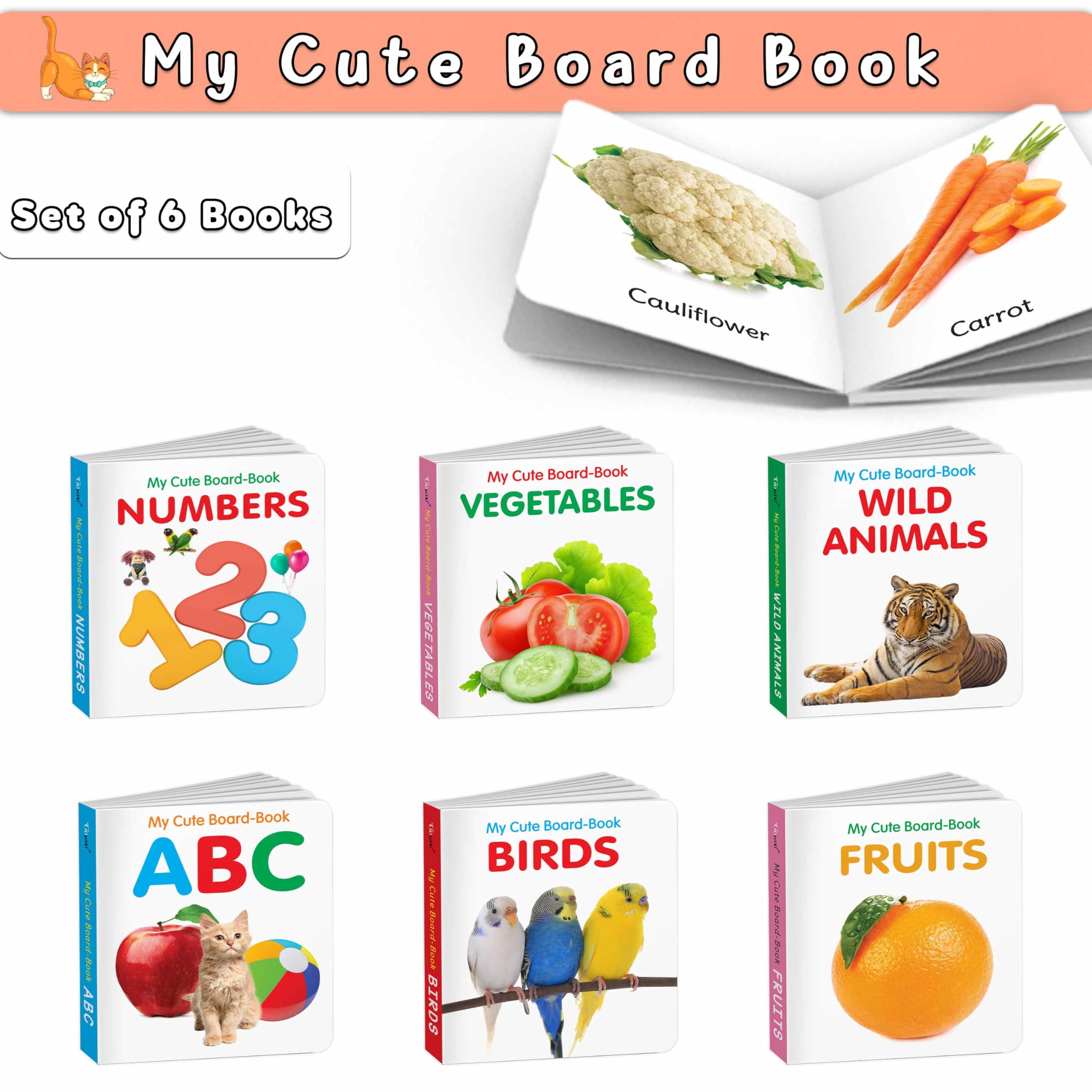 Early Learning Board Book Set for Toddlers  6 Book Collection for kids  ABC, Numbers, Fruits, Vegetables, Wild Animals, Birds, 