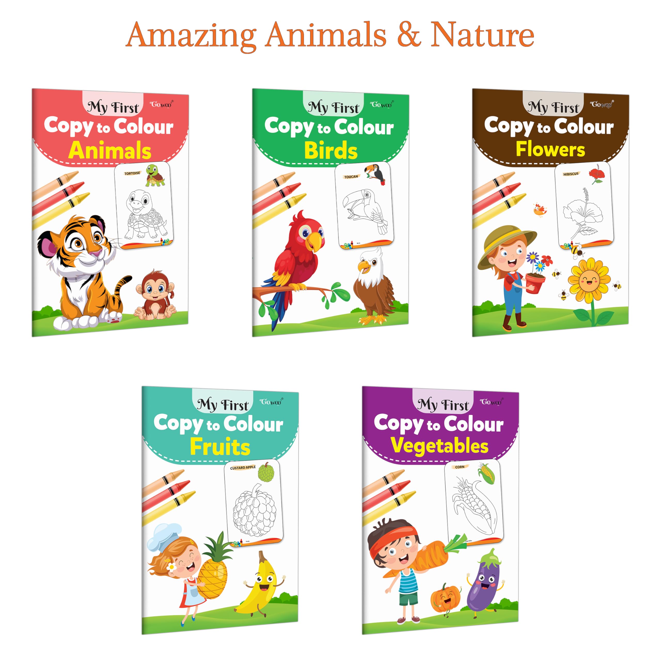My First Copy to Colour  Animals, Birds, Flowers, Fruits and Vegetables : Nature inspired colouring, Preschool activity for ki
