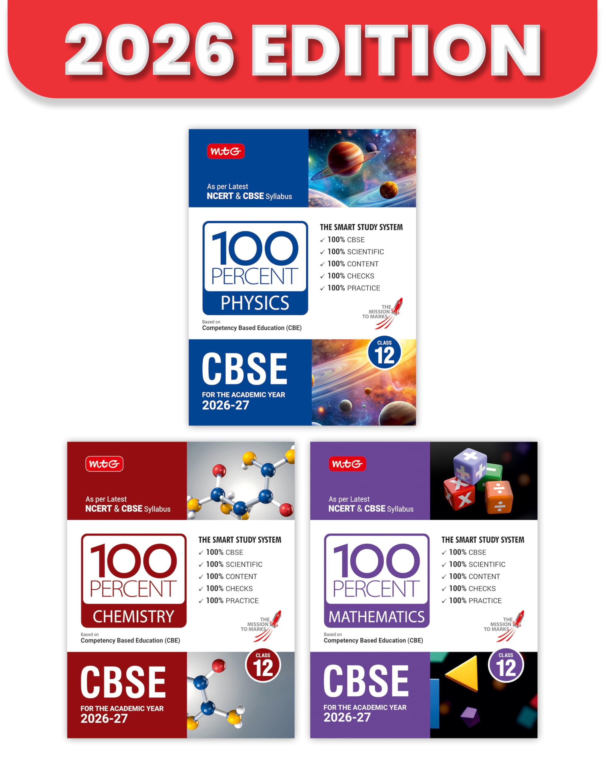 MTG 100 Percent NCERT & CBSE Physics, Chemistry, Mathematics Class 12 For 202627 Exam (Set of 3) | As Per Revised NCERT Textboo