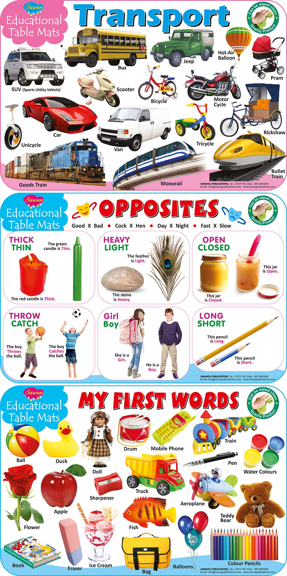 Set Of 3 Books, Educational Table Mats Of Transport, Opposites And My First Words And Three Letter Words