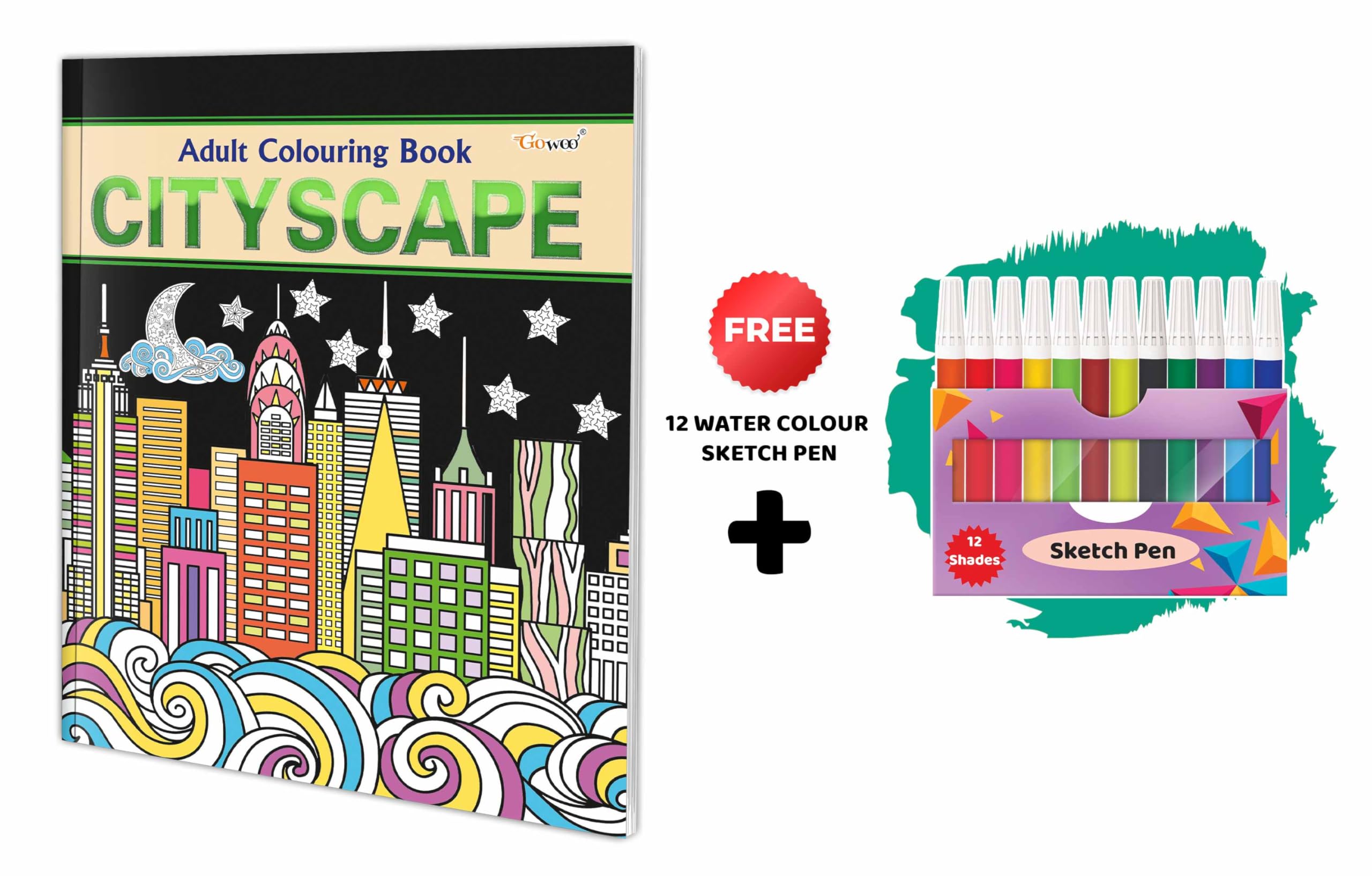 Cityscape  Adult Colouring Book With 12 Water Colour Sketch Pen : Fun colouring for Kids and Adults, Art & Craft Kit, Calming C