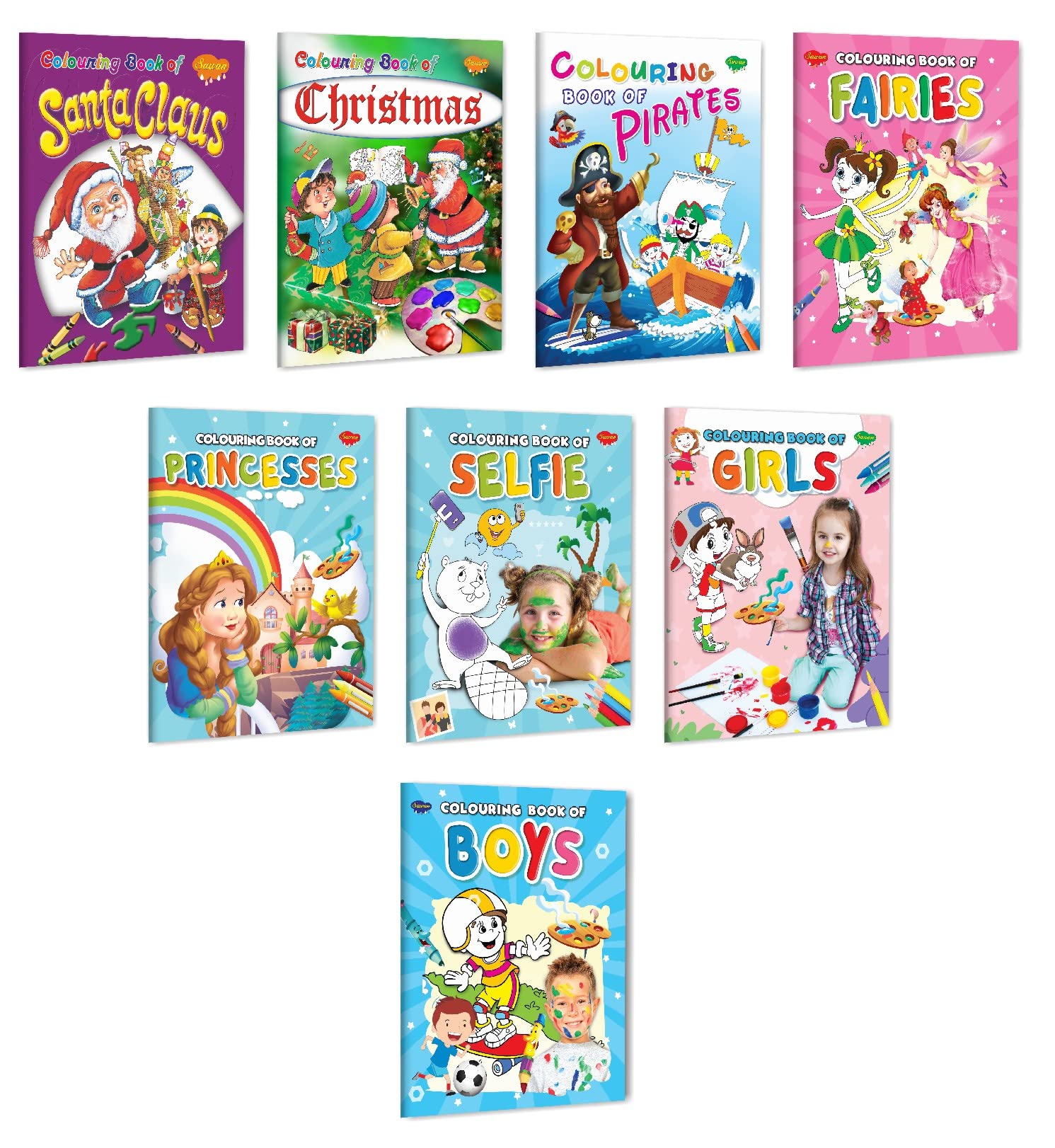 Sawan Set Of 8 Books Colouring Books For Kids (Colouring Book Of Santa Claus, Christmas, Pirates, Fairies, Princess, Selfie, Gir
