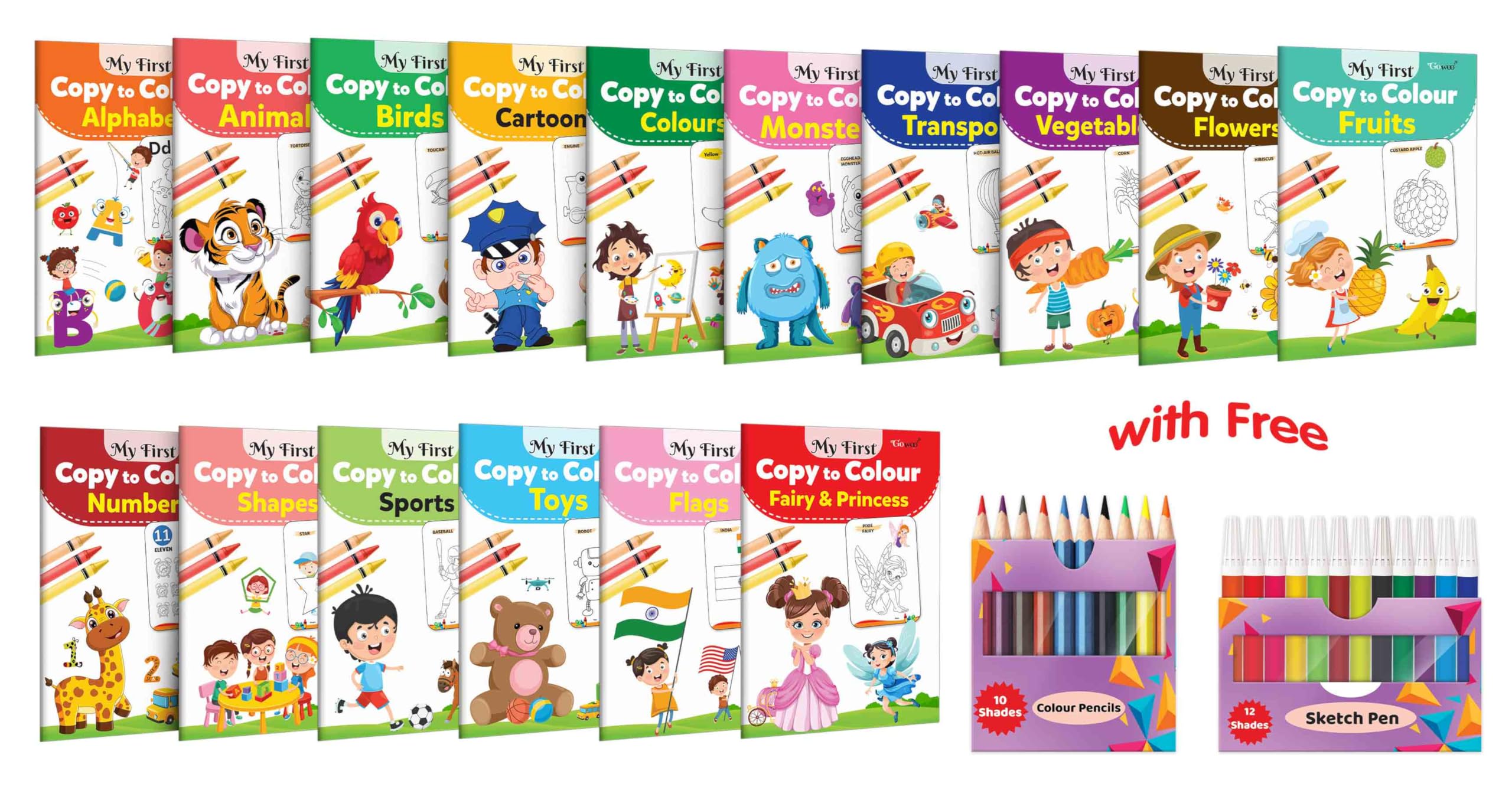 My First Copy to Colour  Alphabet, Animals, Birds, Cartoons and more with 12 WATER COLOUR SKETCH PEN and 10 COLOUR PENCILS : co