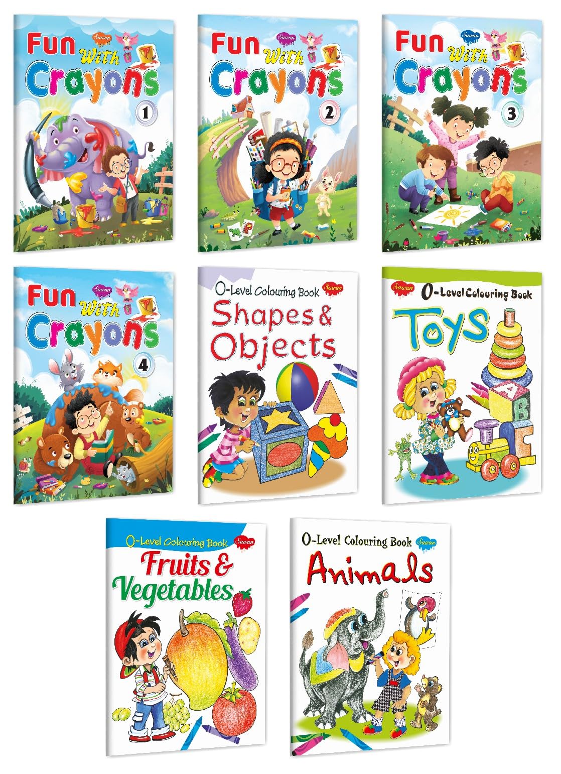 Sawan Present Set Of 8 Colouring Books Level Colouring Book Shapes And Objects, Toys, Fruits And Vegetables, Animals, Fun With C