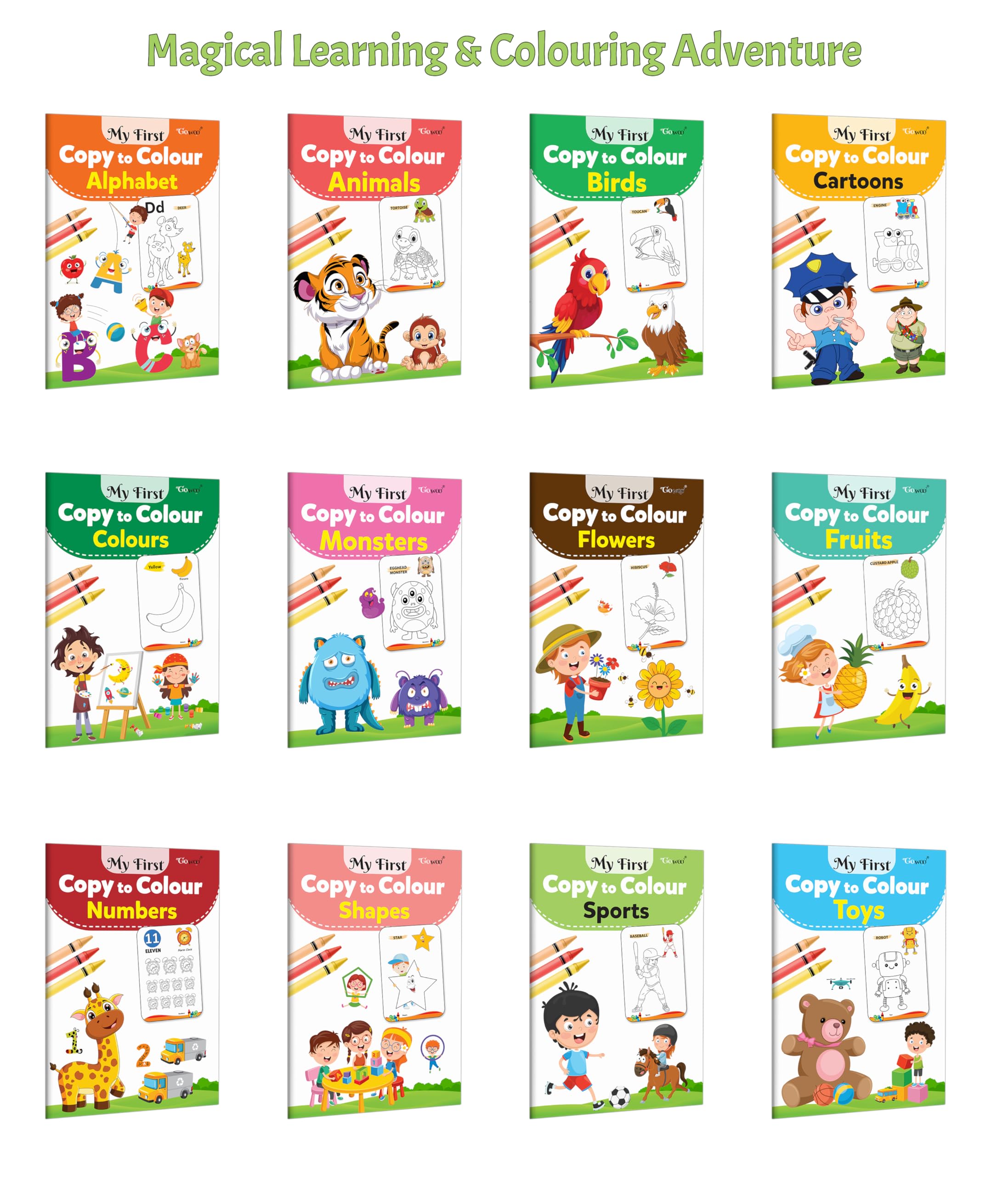 My First Copy to Colour  Alphabet, Animals, Birds, Cartoons and more : Early learning activity, Preschool colouring practice, 