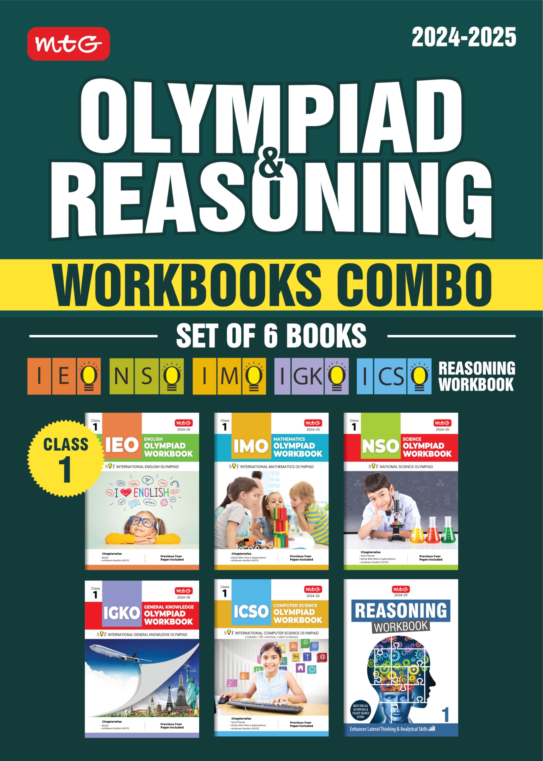 MTG NSOIMOIEOICSOIGKO Olympiad Workbook and Reasoning Book Combo Class 1 (Set of 6 Books) | MCQs, Previous Years Solved Pape