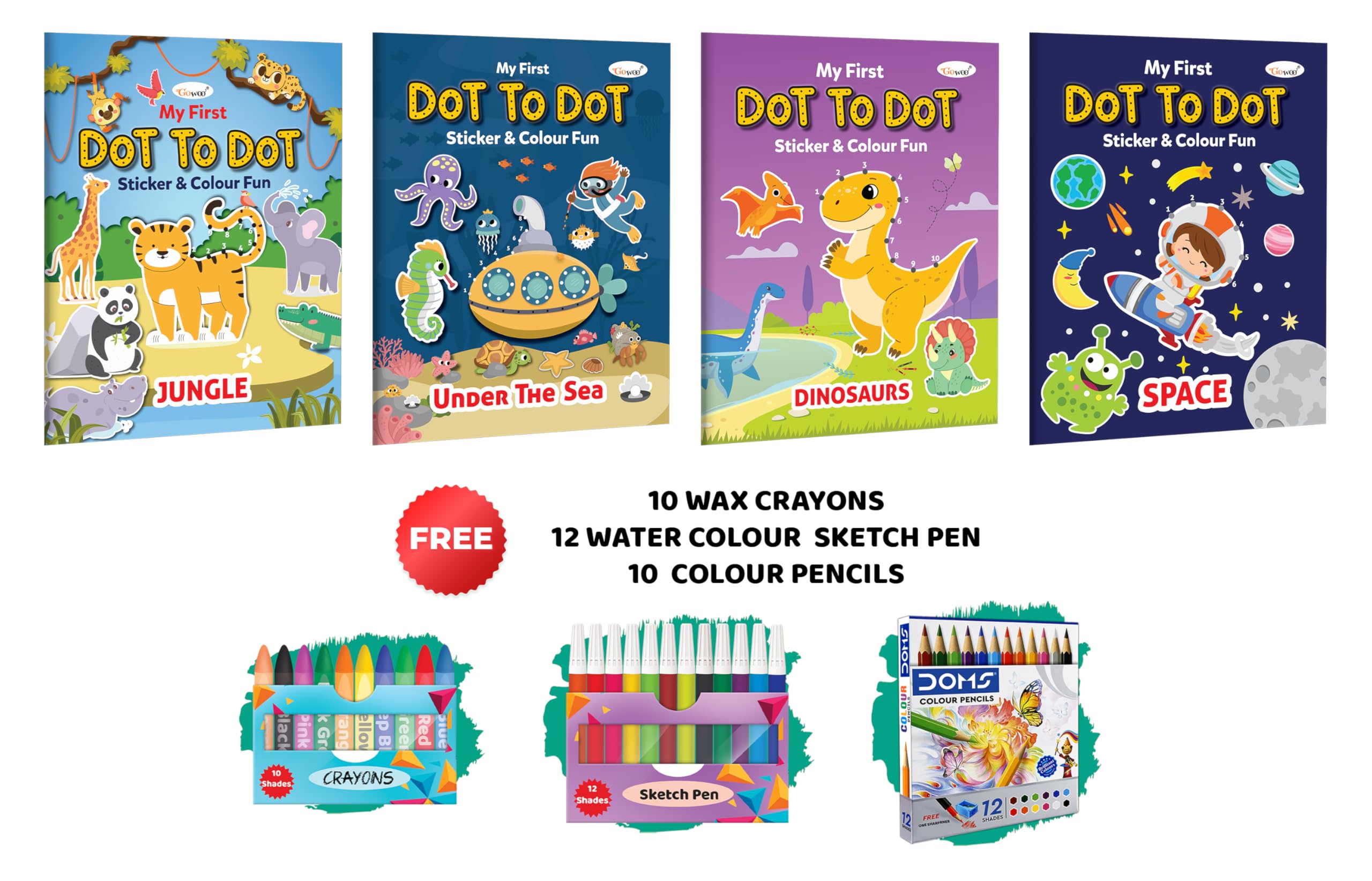My first Dot to Dot Sticker & Colour Fun  Under the Sea, Jungle, Space and Dinosaurs with 10 Wax Crayons, 12 Water Colour Sketc