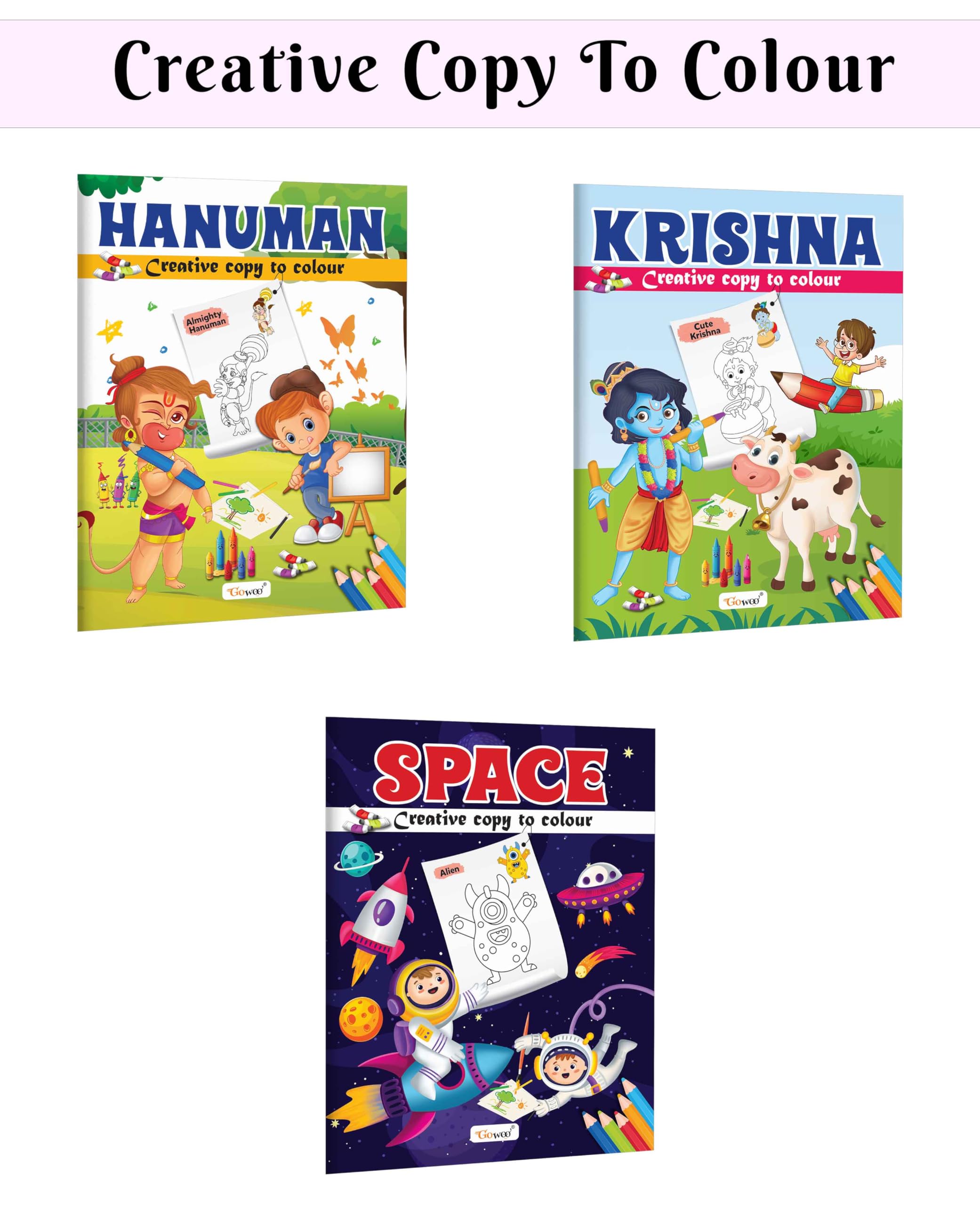 Hanuman, Krishna and Space  Creative Copy to Colour book : cute hanuman colouring book, religious colouring books for kids, cop