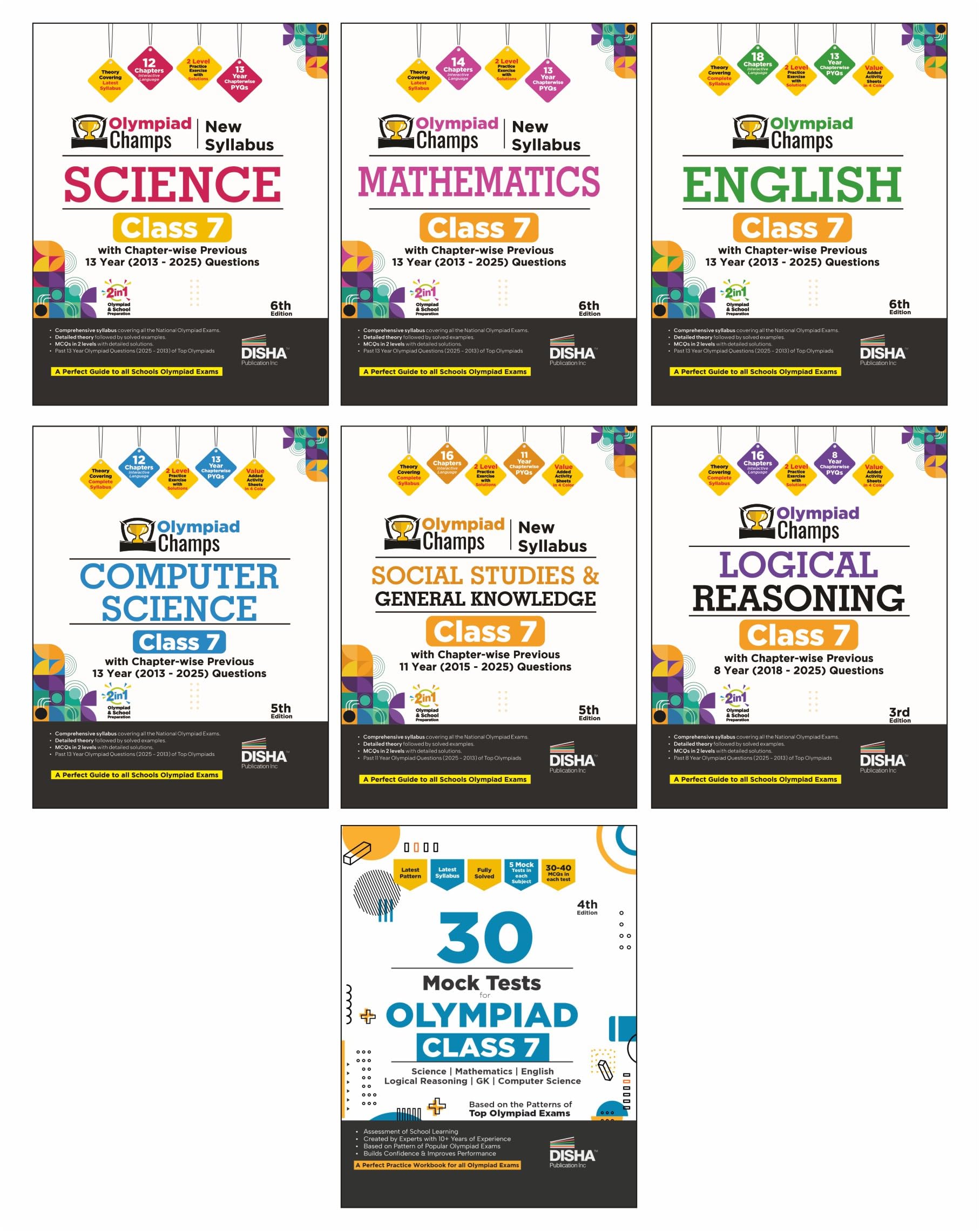 Disha Combo (7 Books) Olympiad Champs Science, Mathematics, English, Computer Science, Logical Reasoning & Social Studies/ GK Cl