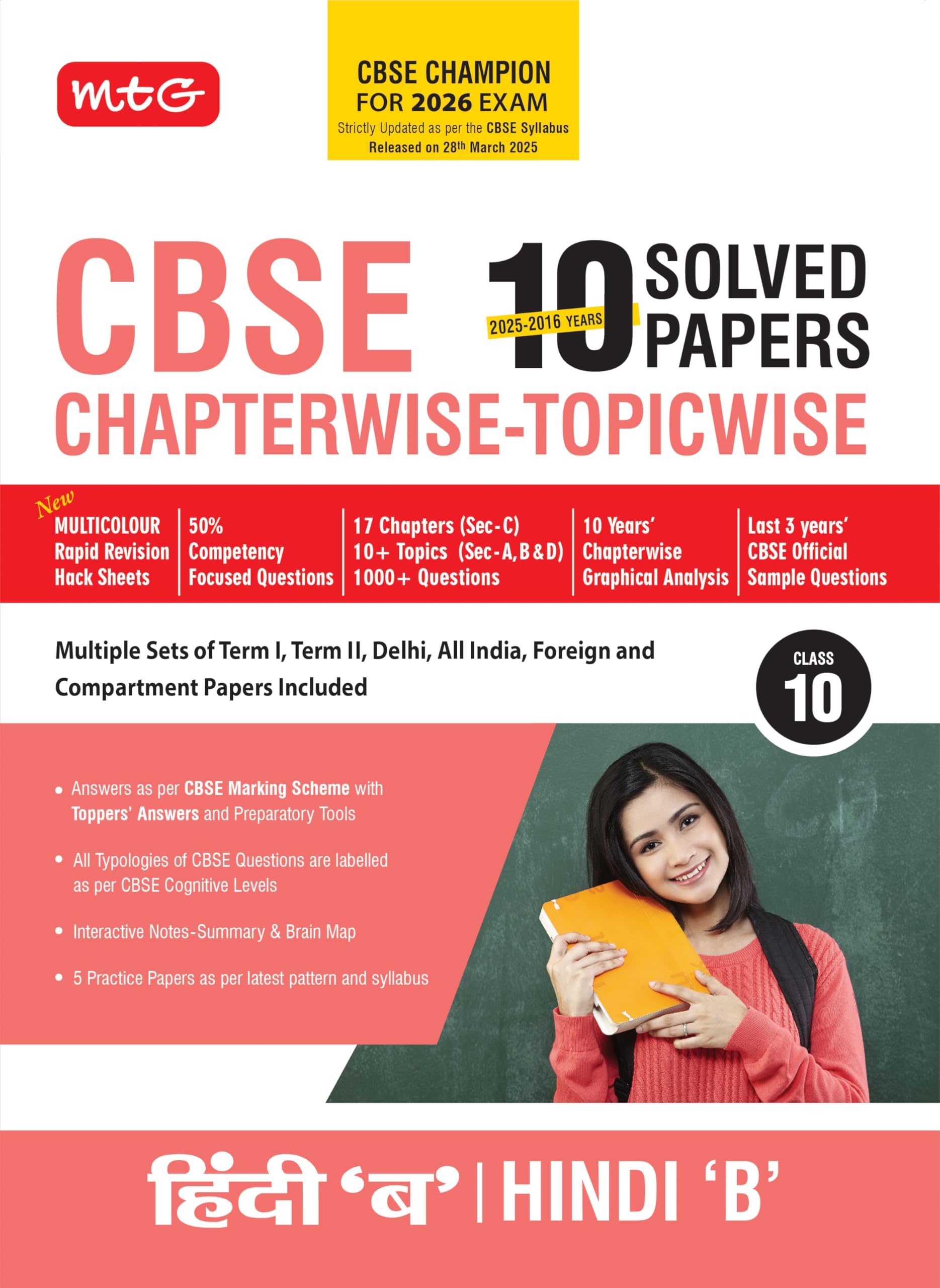 Mtg Cbse 10 Years (20252016) Chapterwise Topicwise Solved Papers Class 10 HindiB (Pyqs Book)  Cbse Champion For 2026 Exam | C