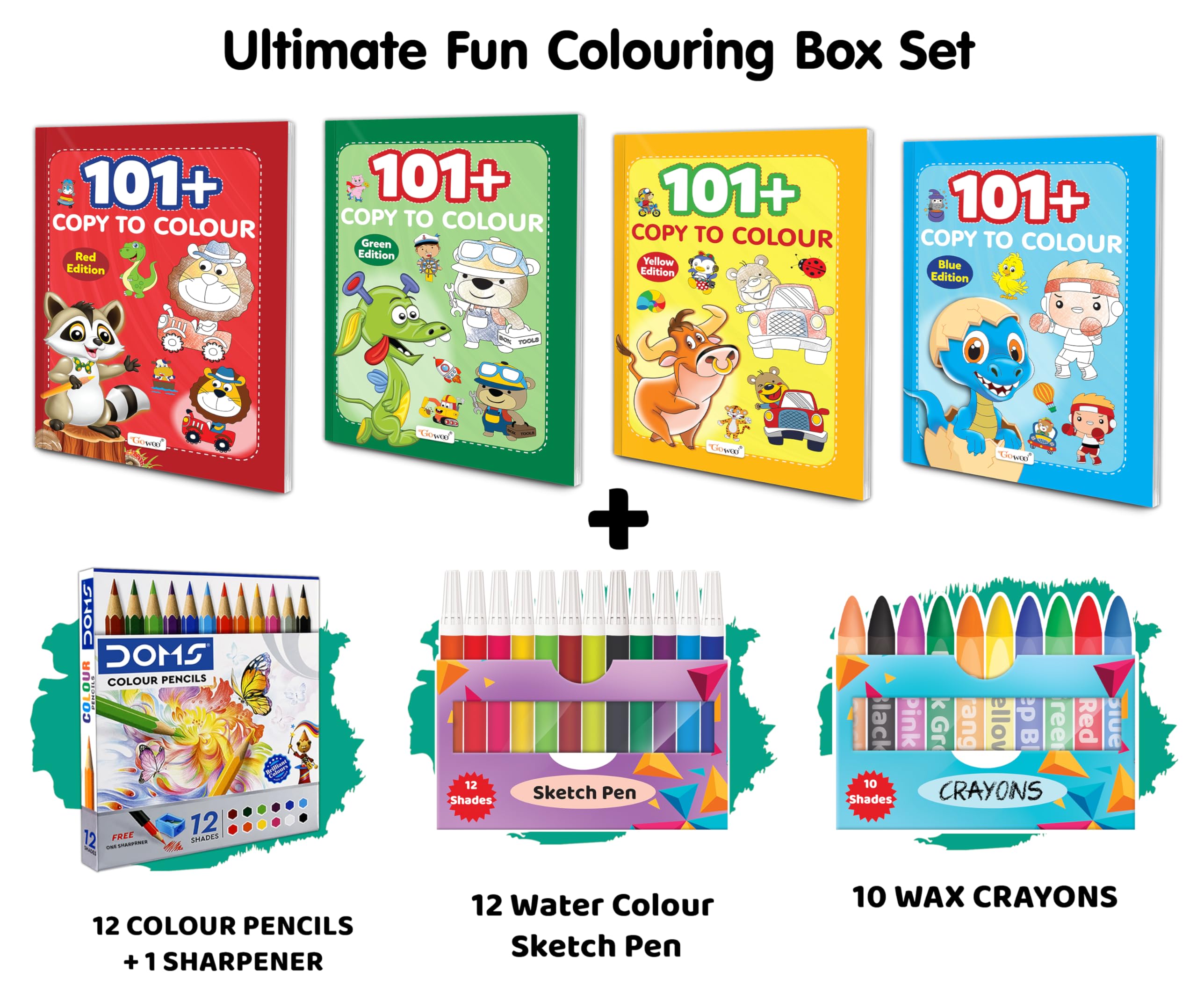 101+ Copy to Colour  Red, Blue, Green & Yellow Edition and more with 10 Wax Crayons, 12 Water Colour Sketch Pens & 12 Colour Pe