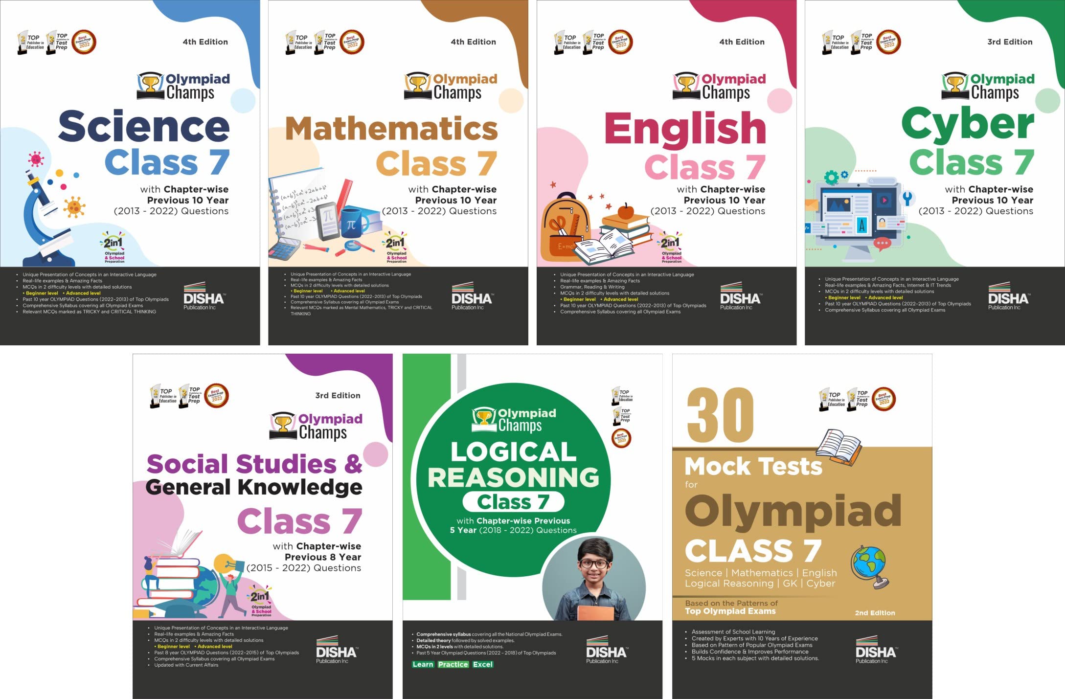 Olympiad Champs Science, Mathematics, English, Cyber & GK Class 7 with 30 Mock Tests (set of 6 books) 3rd Edition