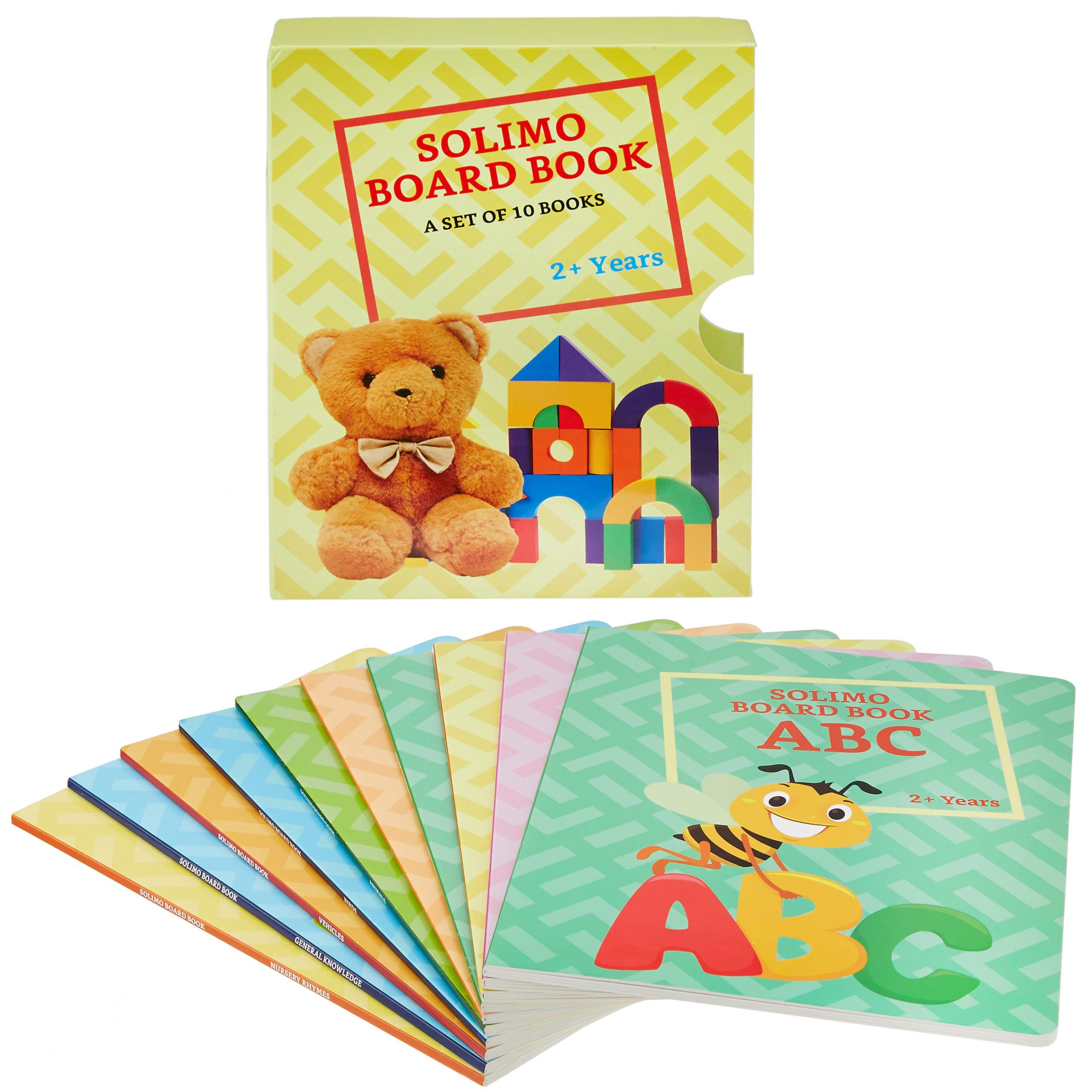 Amazon Brand  Solimo Long Board Book, Set Of 10 (Alphabets, Fruits, Numbers, Vegetables, Words, Animals, Birds, Vehicles, Gener