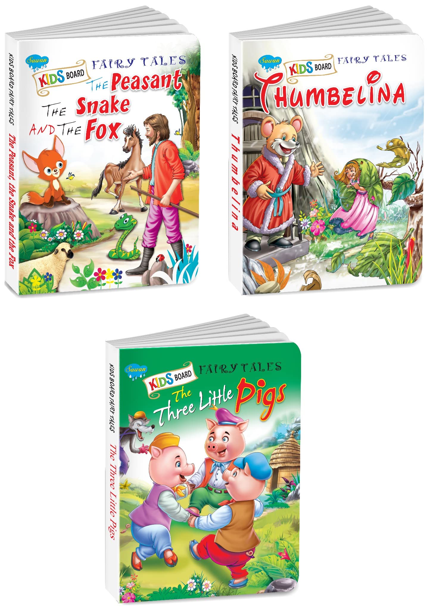 Sawan Set Of 3 Books, Kids Board Fairy Tales (The Peasant, The Sanke And The Fox, Thumbelina, The Three Little Pigs)