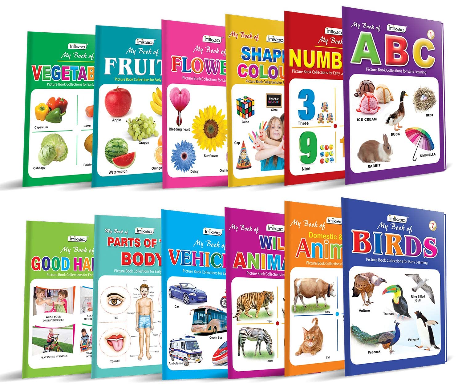 Inikao Picture Books Collection For Early Learning (Set Of 12) | Alphabet, Numbers, Fruits, Birds, Colours & Shapes, Flowers, Ve