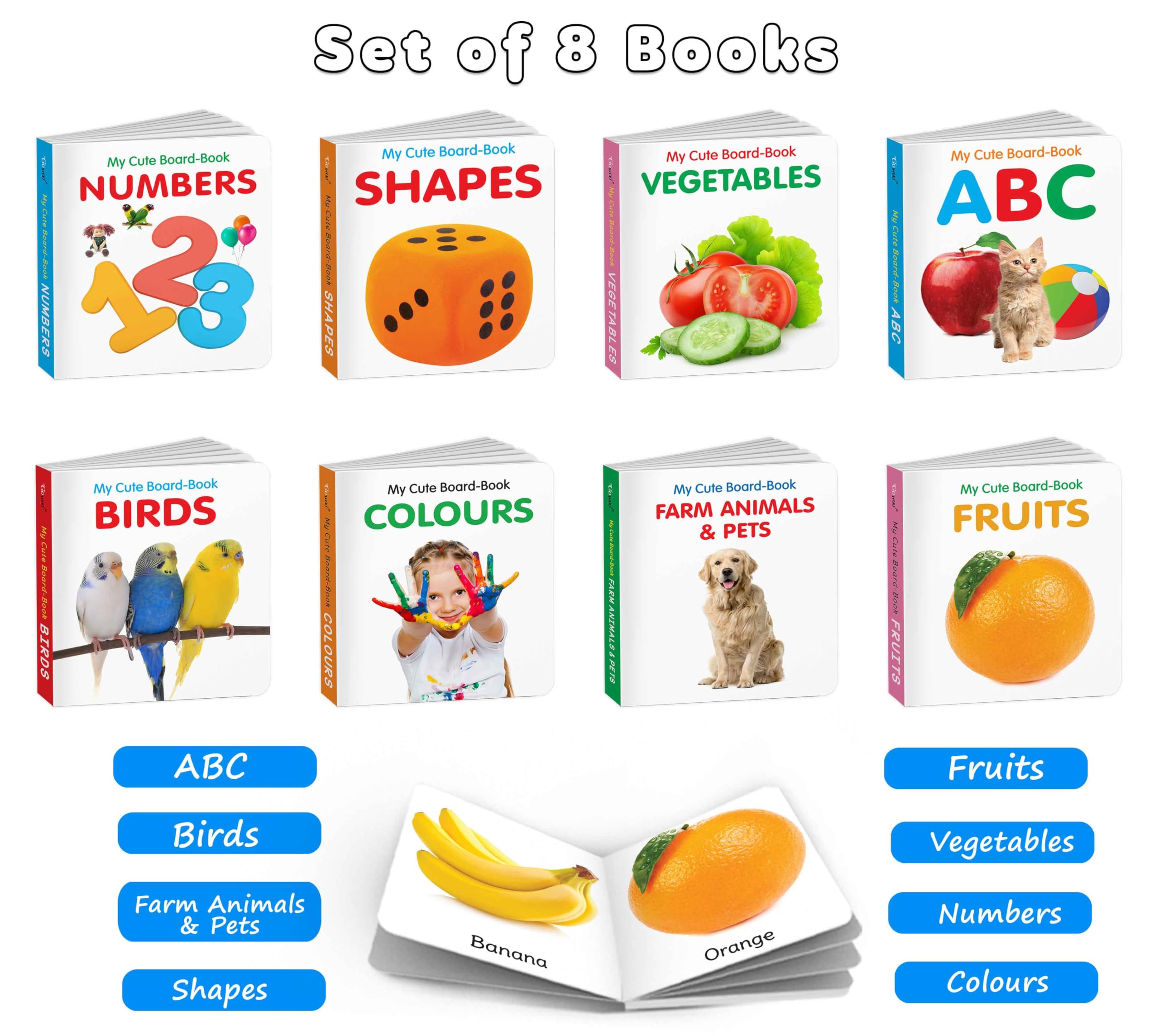 My First Educational Board Book Set for Toddlers  ABC, Colours, Birds, Fruits, Farm Animals & Pets, Vegetables, Shapes and Numbe