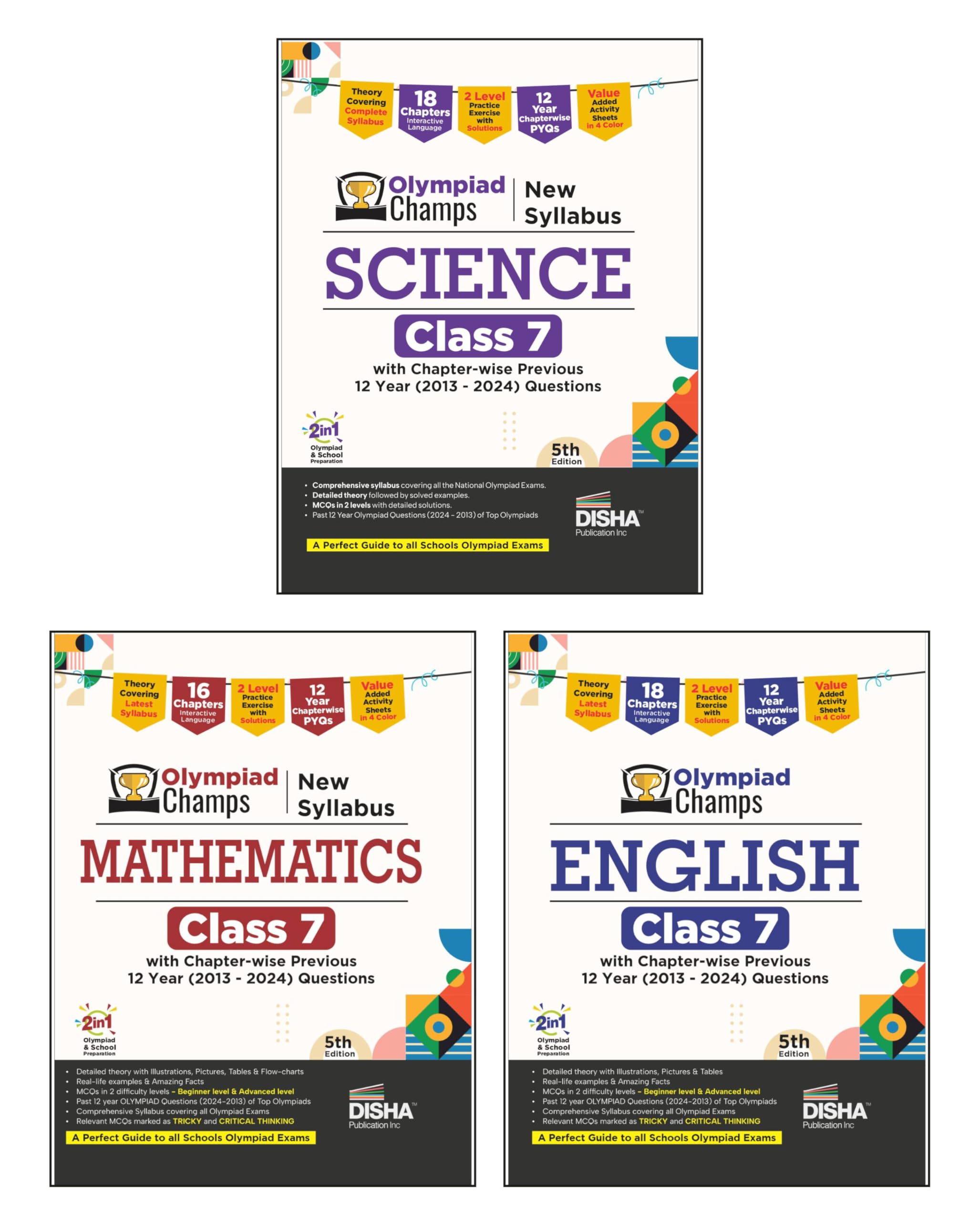Disha Combo (3 Books) Olympiad Champs Science, Mathematics, English Class 7 With Past Questions With ChapterWise Previous 12 Ye
