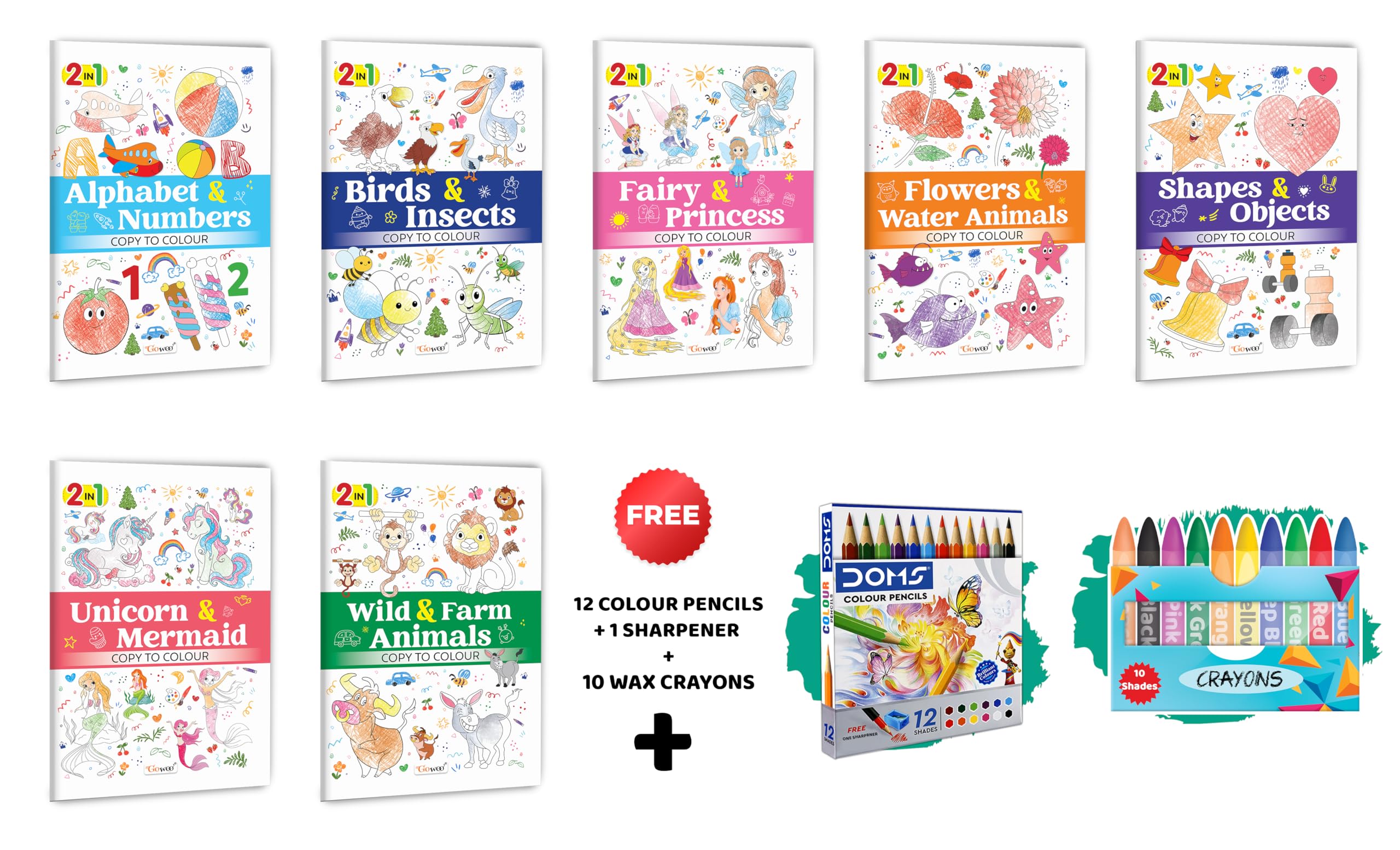 2 in 1 Copy to Colour  Alphabet & Numbers, Birds & Insects and more with 12 Colour Pencils + 1 Sharpener and 10 Wax Crayons : 