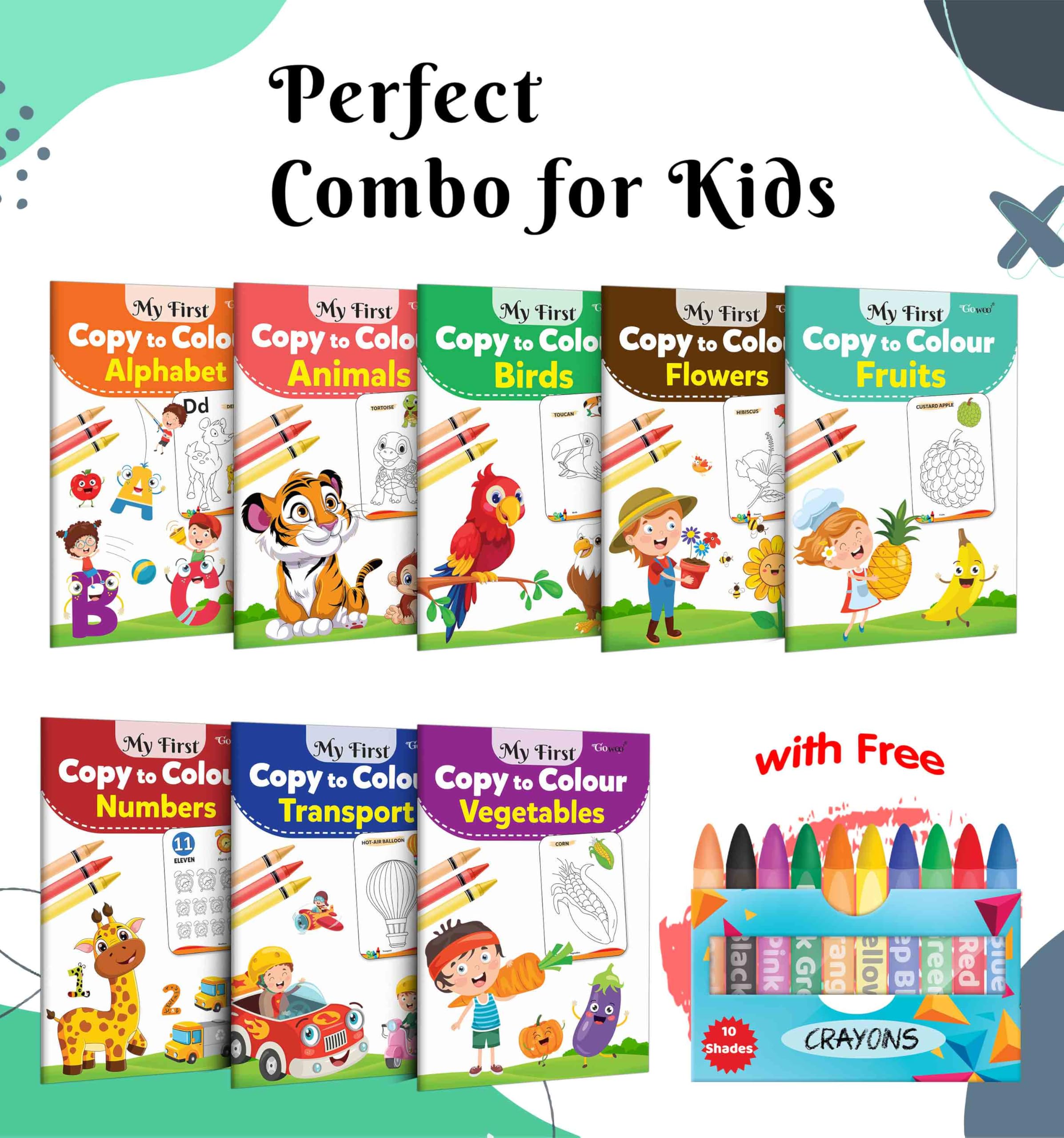 My First Copy to Colour  Alphabet, Animals, Birds, Flowers and more with 10 WAX CRAYONS : Preschool art and colouring bundle, D