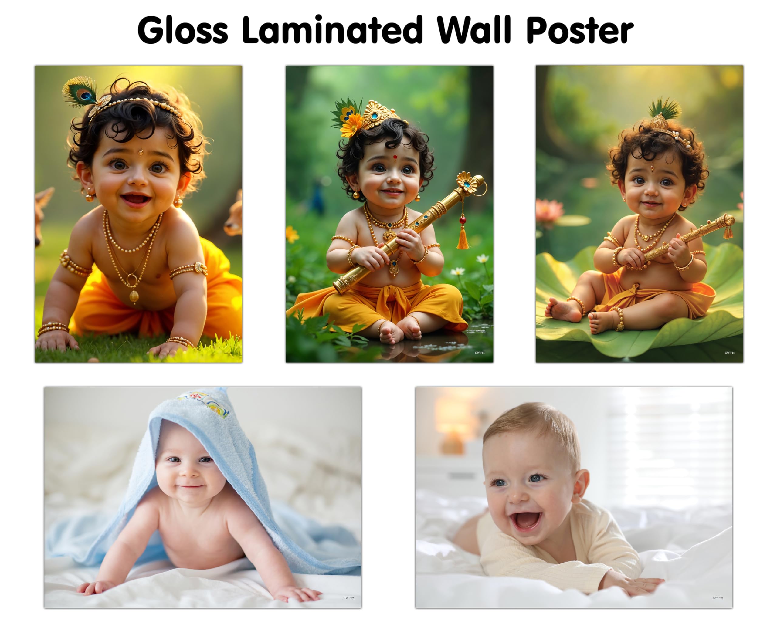 KRISHNA BABY POSTER  1, 2, 3 and BABY POSTER  3 and 4 (GLOSS LAMINATION) : Krishna baby glossy devotional print, cute baby de