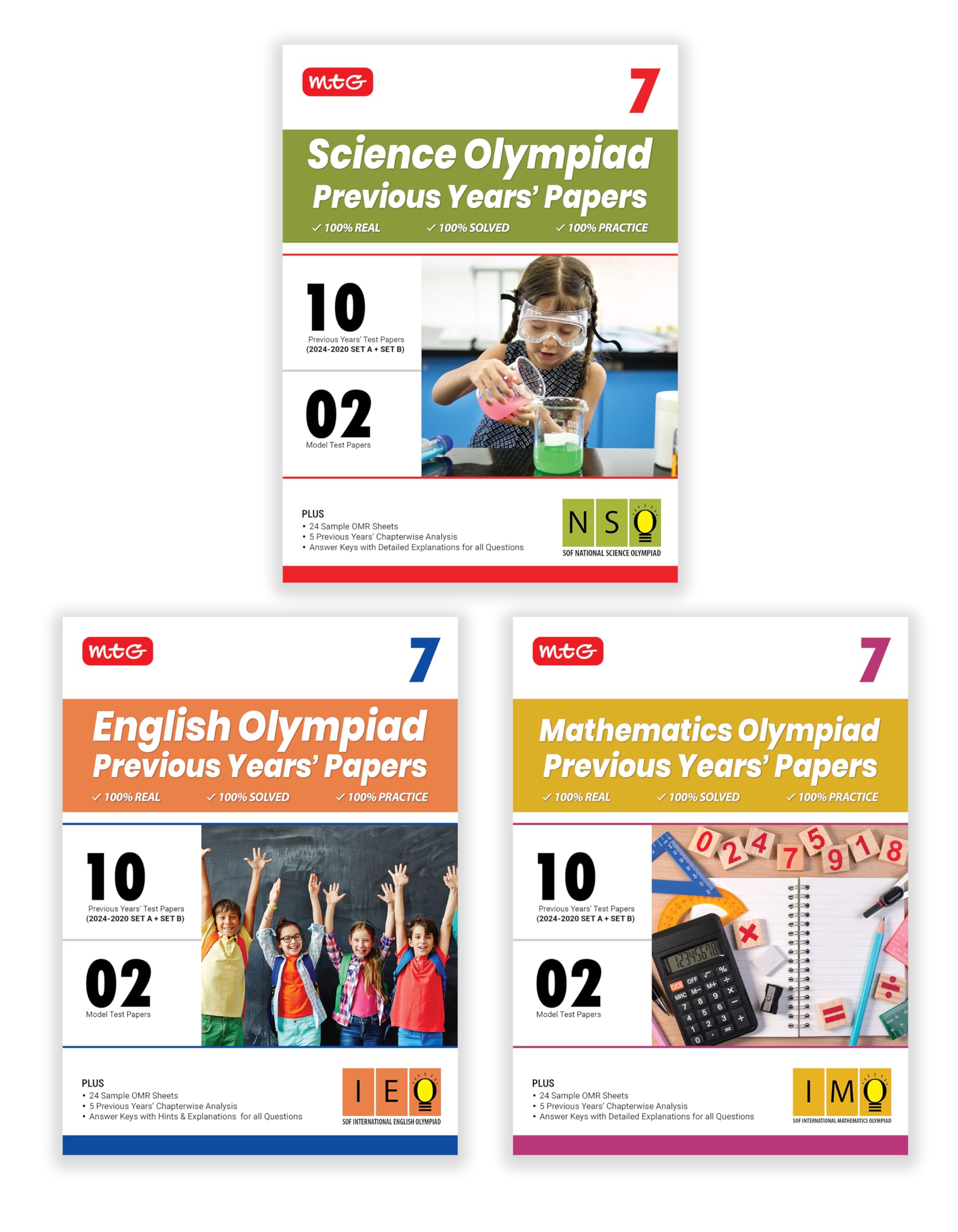 MTG Class7 IMONSOIEO Olympiad 10 Previous Years Papers (20242020 Set A & B) Mathematics, Science & English (Set of 3 Books) 