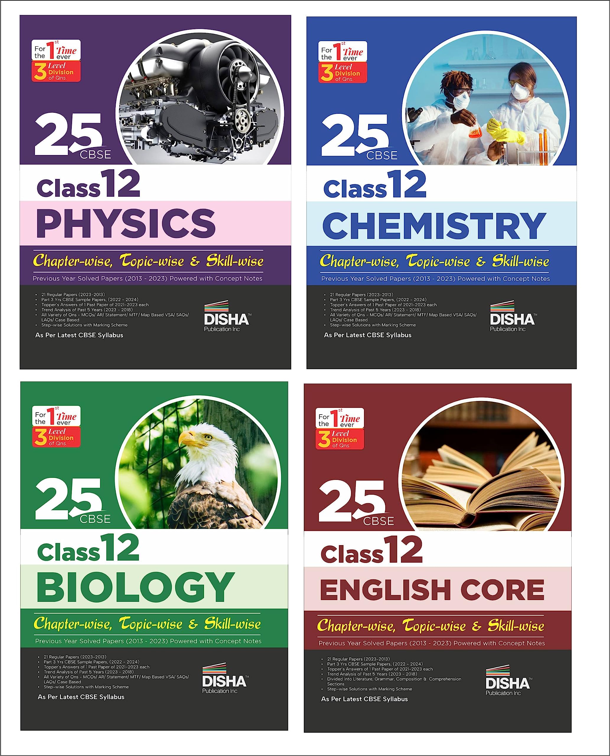 Combo 25 Cbse Class 12 Physics, Chemistry Biology & English ChapterWise, TopicWise & SkillWise Previous Year Solved Papers (2