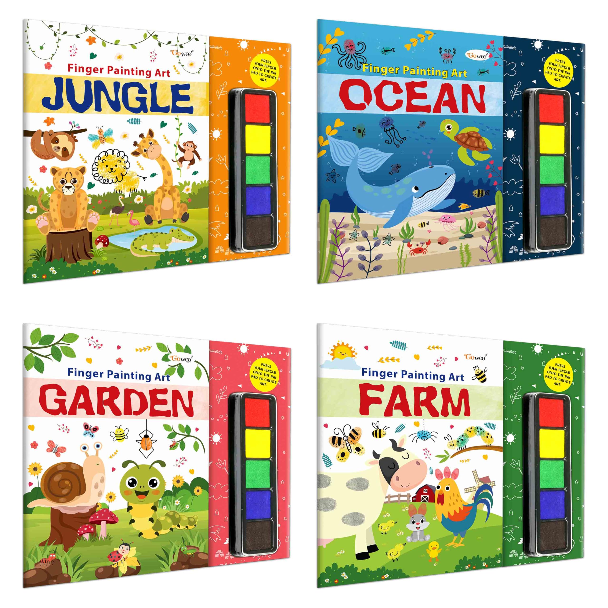 JUNGLE, OCEAN, GARDEN and FARM  Fingerpainting and Colouring Art : Art book for children, Coloring Activity Book, Thumbprint Ar