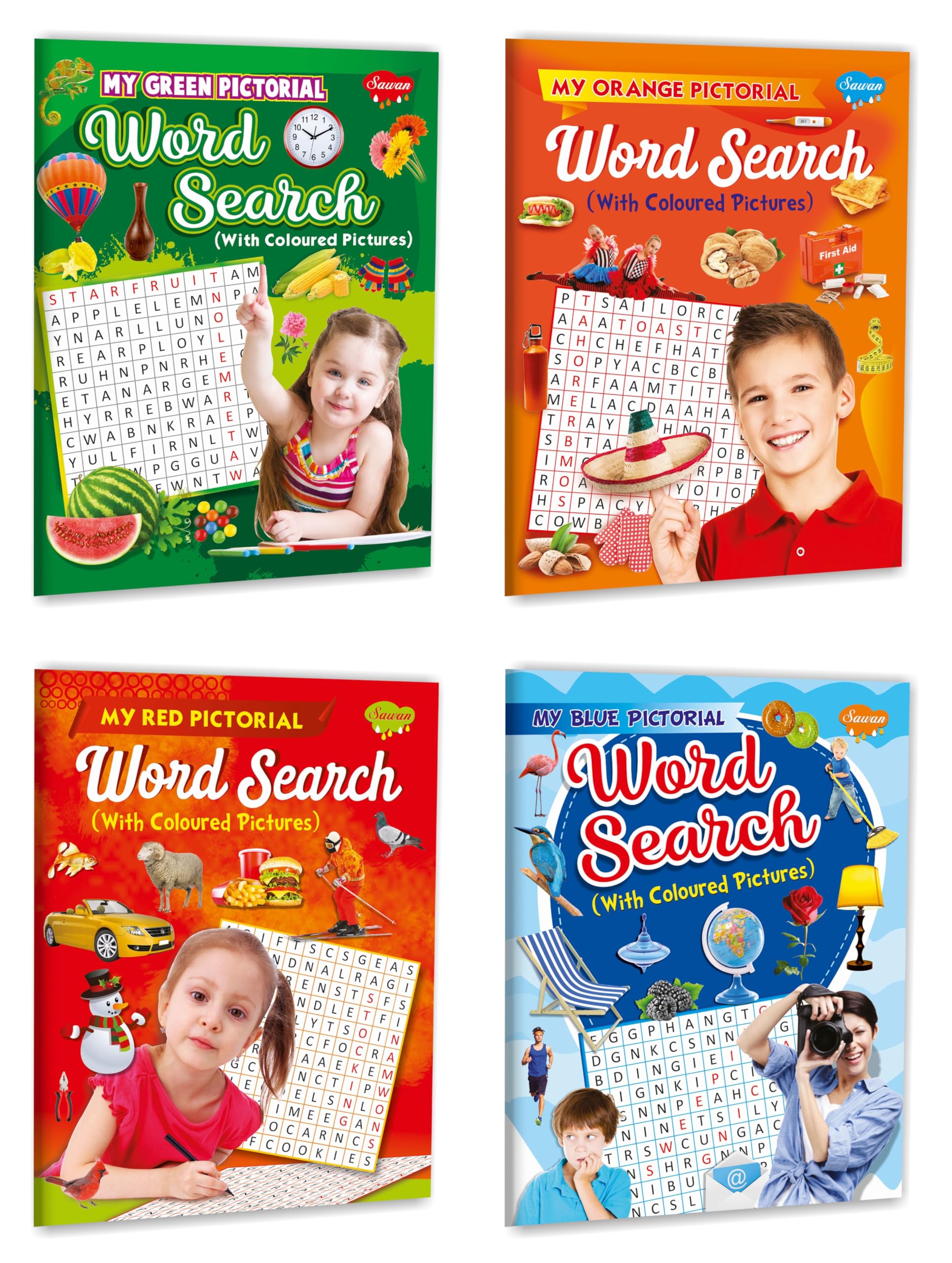 Sawan Pictorial Word Search With Coloured Pictures  Blue, Green, Orange and Red | Pack of 4 Books