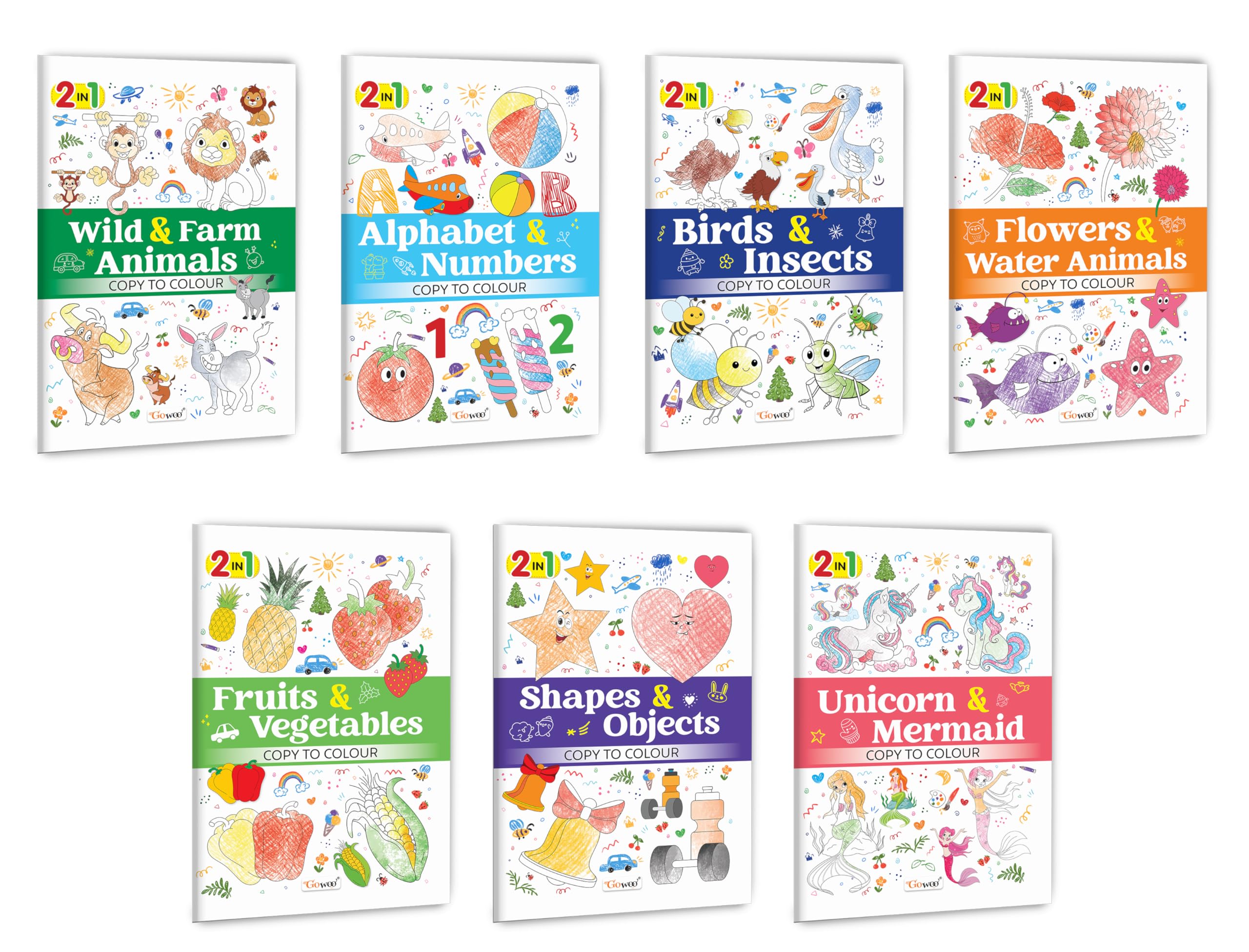 2 in 1 Copy to Colour  Alphabet & Numbers, Birds & Insects, Flowers & Water Animals and more : Colourful kids colouring set, V