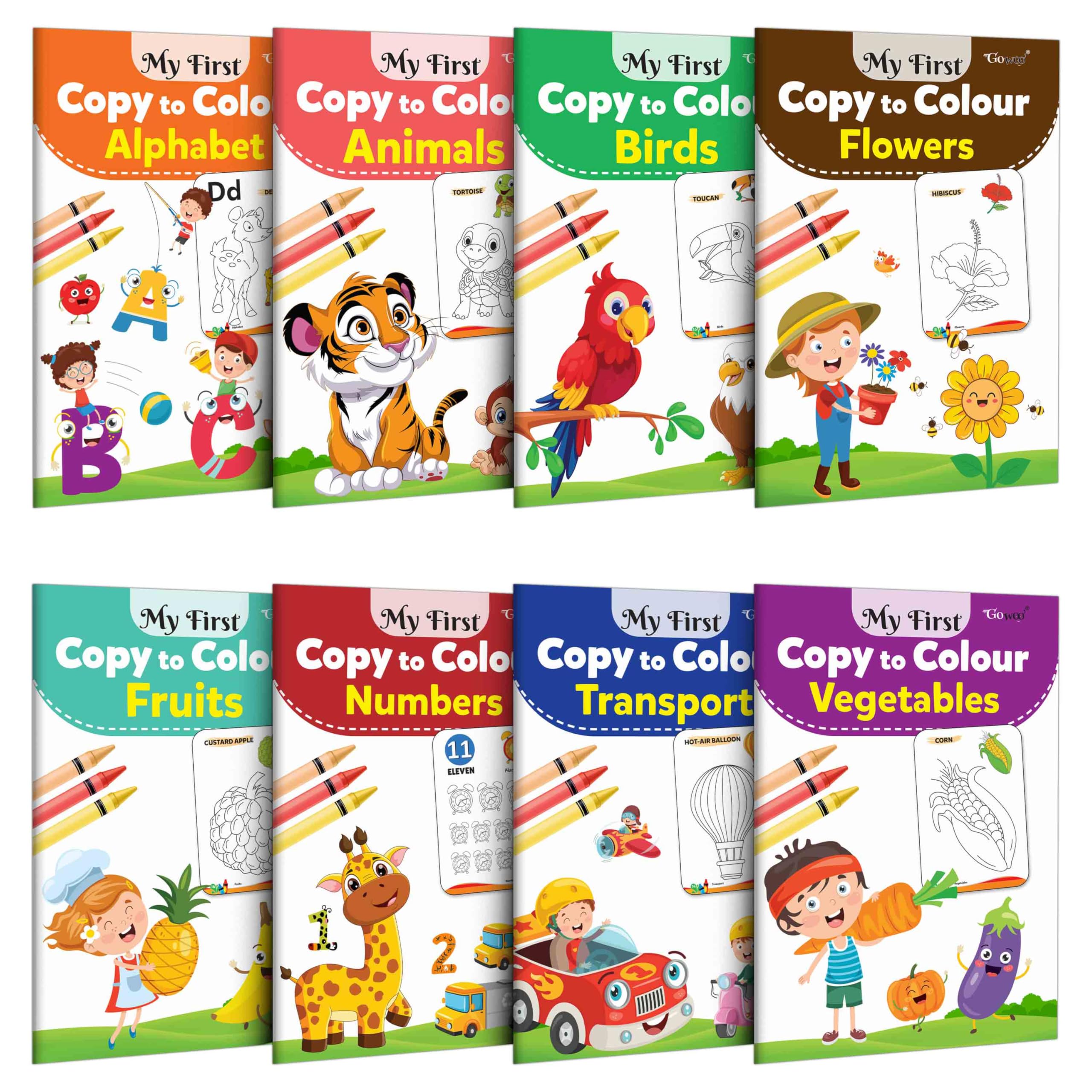 My First Copy to Colour  Alphabet, Animals, Birds, Flowers, Fruits, Numbers, Transport and Vegetables : Book of Copy Colouring 