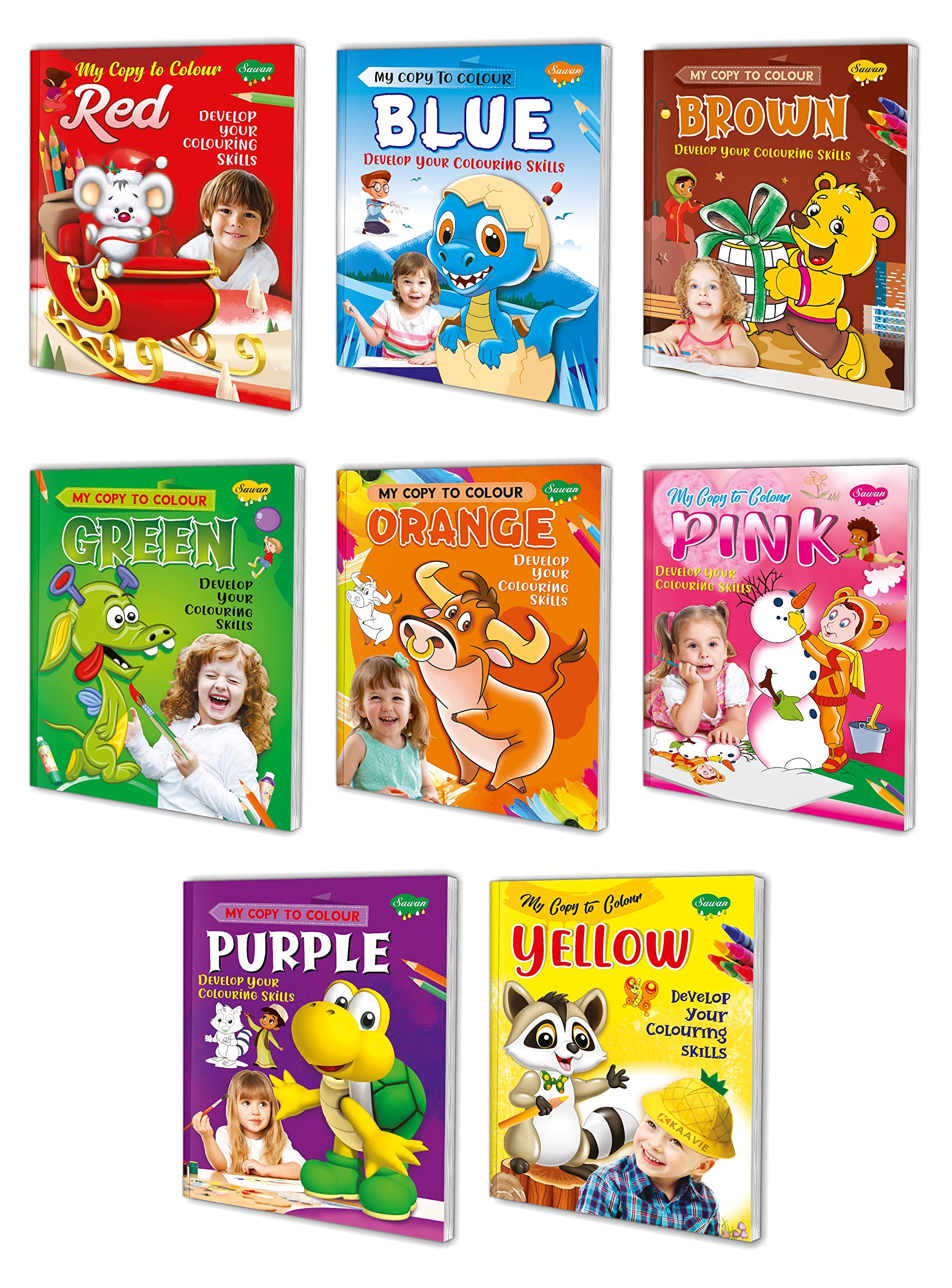 Sawan My Copy To Colour Books Red, Blue, Brown, Green, Orange, Pink, Purple, Yellow | Pack Of 8 Books