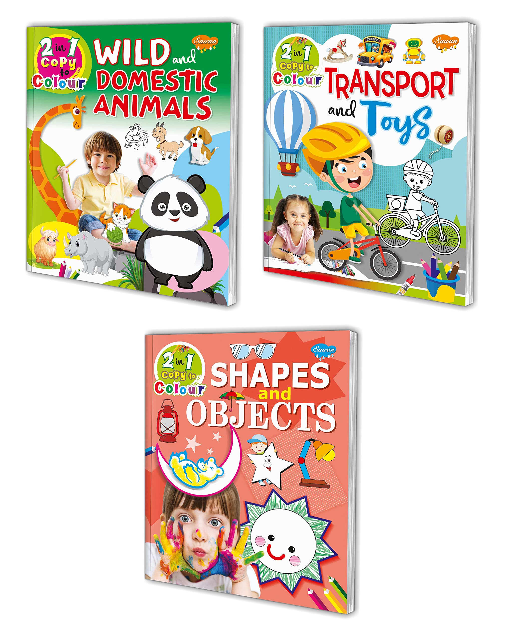 Sawan 2 In 1 Copy To Colour Wild & Domestic Animals, Transport & Toys And Shapes & Objects | Pack Of 3 Colouring Books