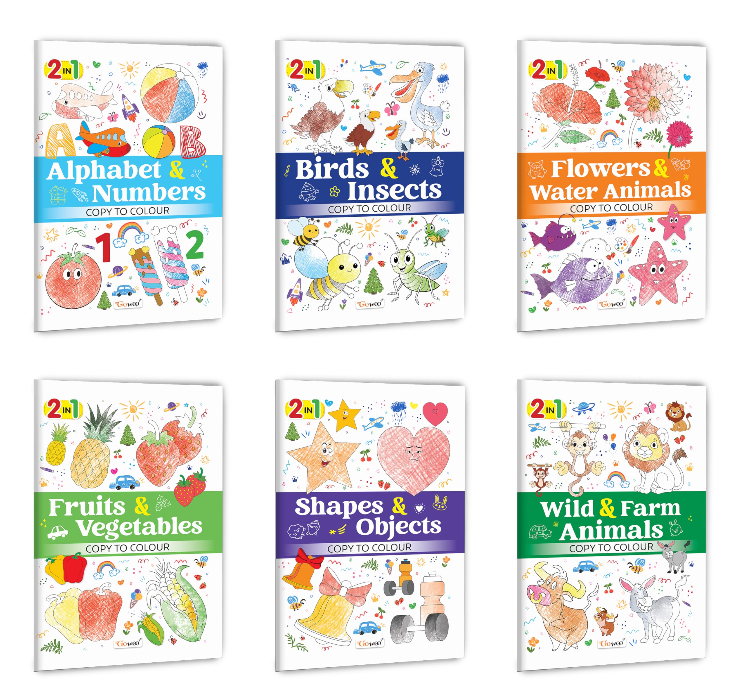 2 in 1 Copy to Colour  Alphabet & Numbers, Birds & Insects, Flowers & Water Animals and more : Wide variety of themes, Kids en
