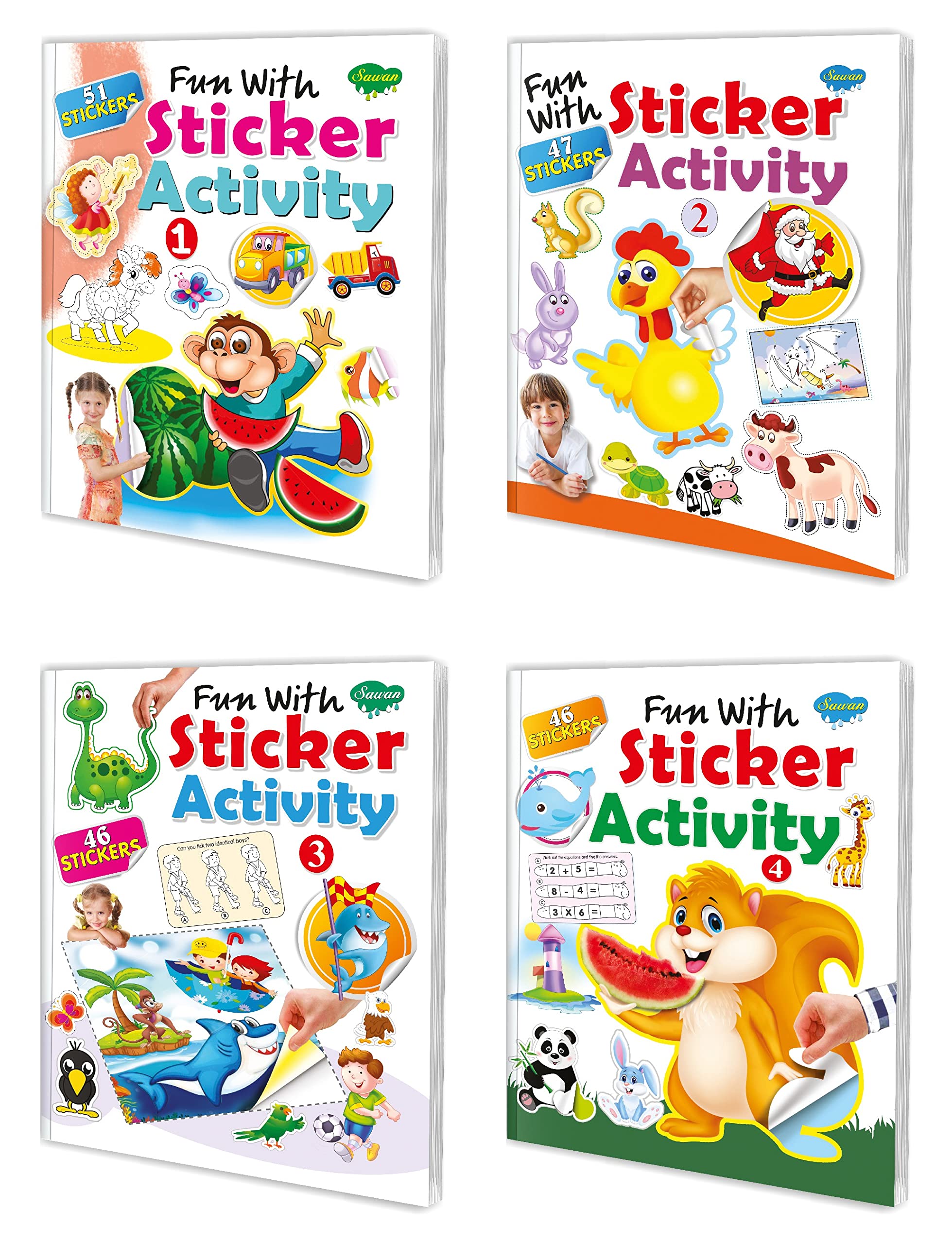 Sawan Present Set Of 4 Book Fun With Sticker Activity Books | Fun With Sticker Activity1 To 4 (Pin Binding, Manoj Publications 