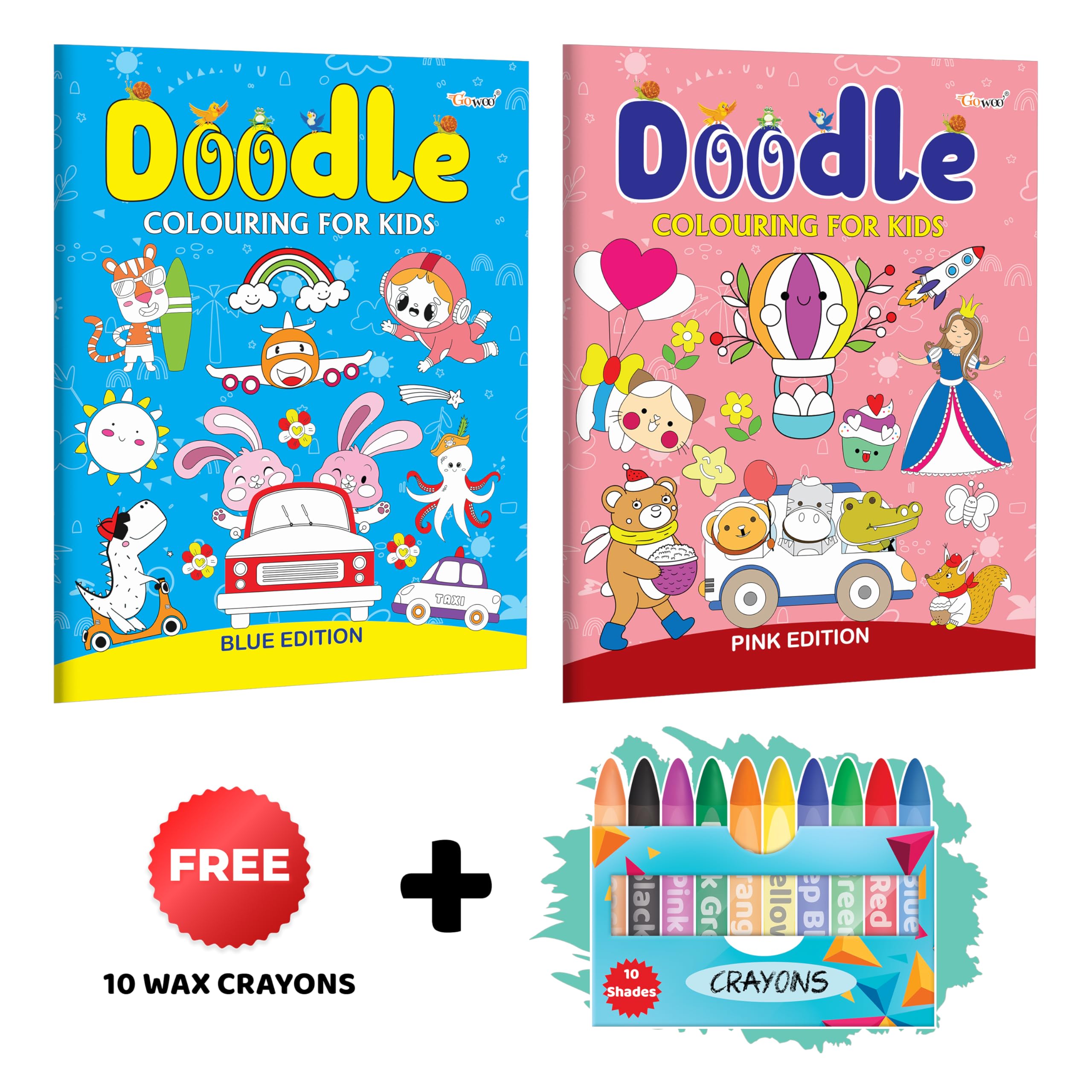 Doodle Colouring for kids  Blue and Pink Edition with 10 Wax Crayons : Coloring for young kids, Creative Coloring book, Fun Lea