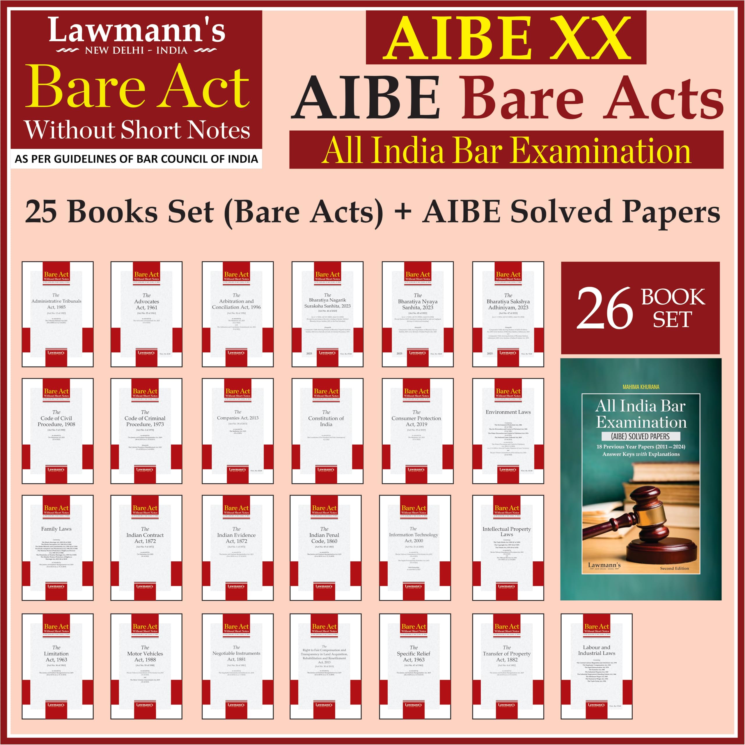 Aibe Bare Acts Without Notes And Aibe Solved Papers | Total 26 Book Set | 25 Books Set And Aibe Solved Papers (20112024) Combo 
