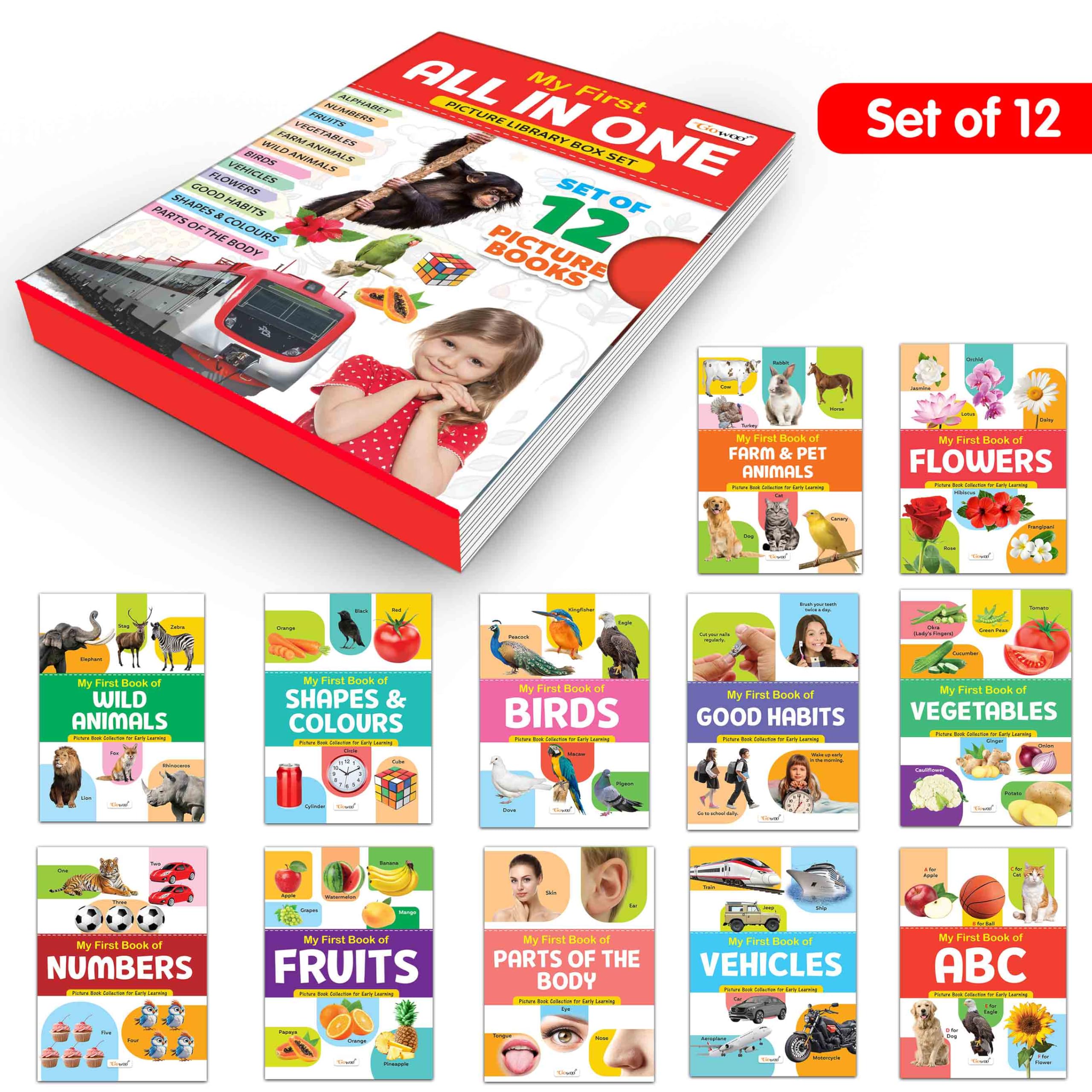 book set for children (Red Edition) : Essential Book Of My First All in One Picture Library Box, Early childhood learning books,