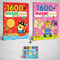 1600 MOSAIC STICKERS WITH COLOURING  BOOK 1 & 2 with 10 WAX CRAYONS | Combo of 2 | Stickers & Coloring Book