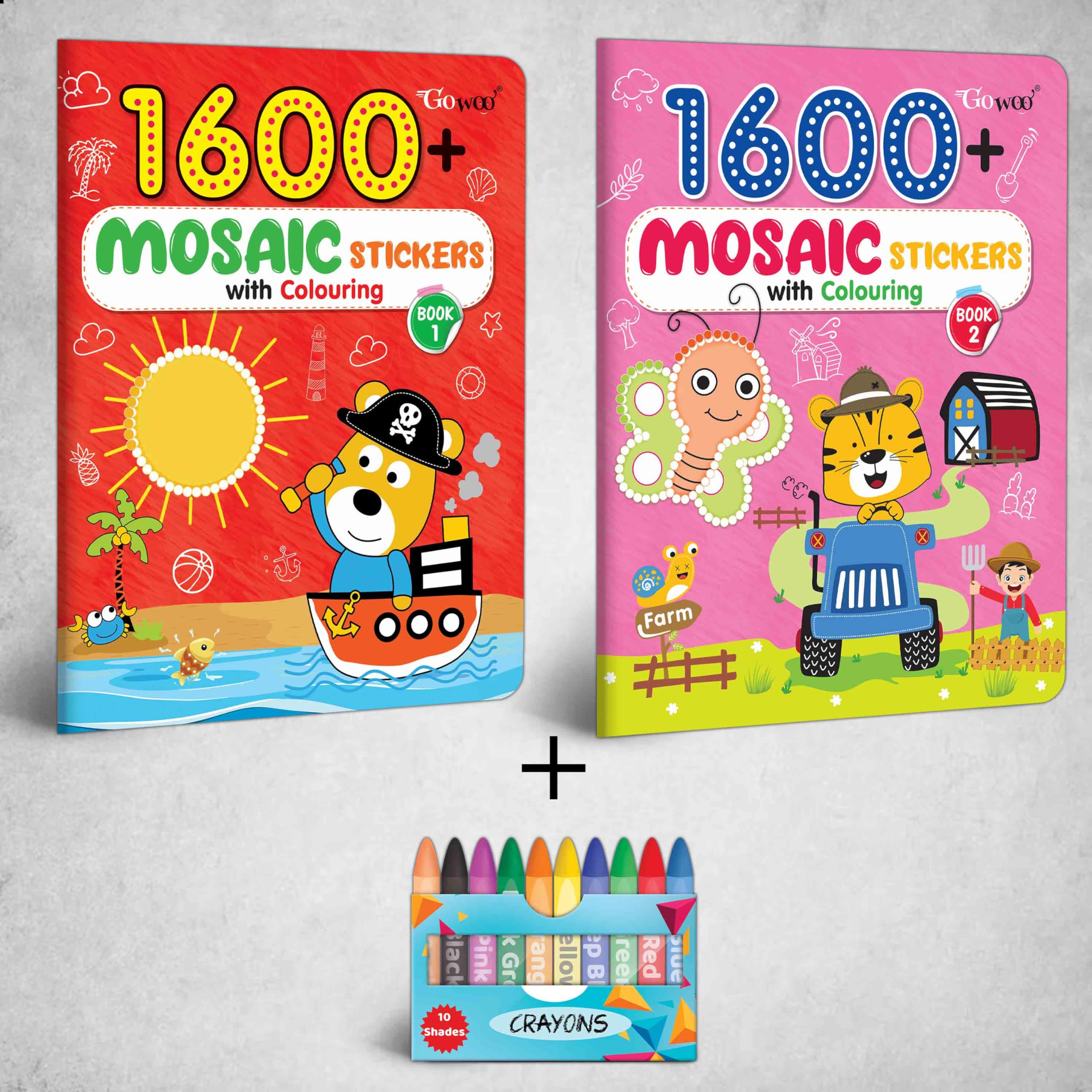 1600 MOSAIC STICKERS WITH COLOURING  BOOK 1 & 2 with 10 WAX CRAYONS | Combo of 2 | Stickers & Coloring Book