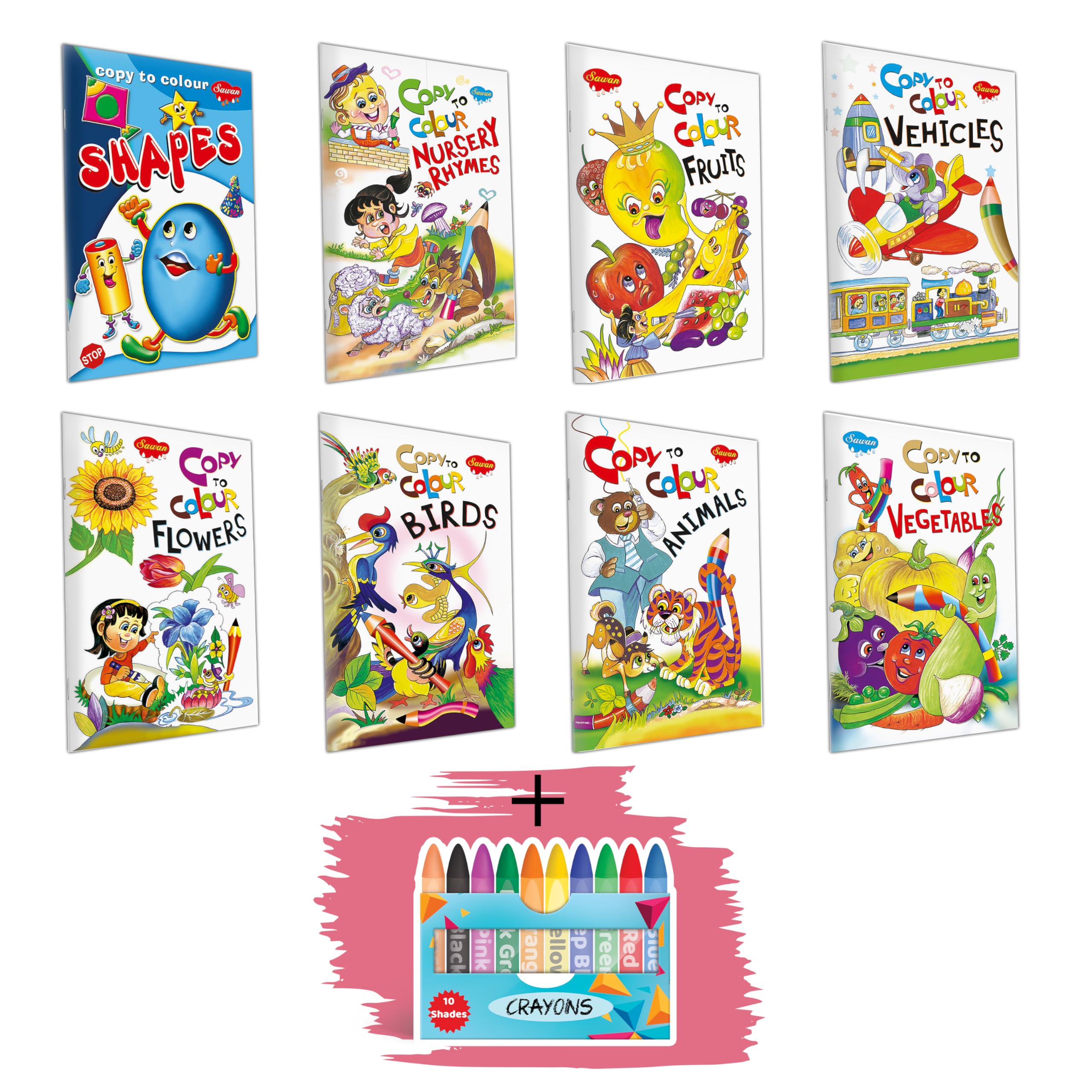 set of 8 coloring books | Vegetables,Fruits,Flowers,Animals,Vehicles,Birds,Shapes,Nursery Rhymes,10 WAX CRAYONS| 3 To 8 Year Old