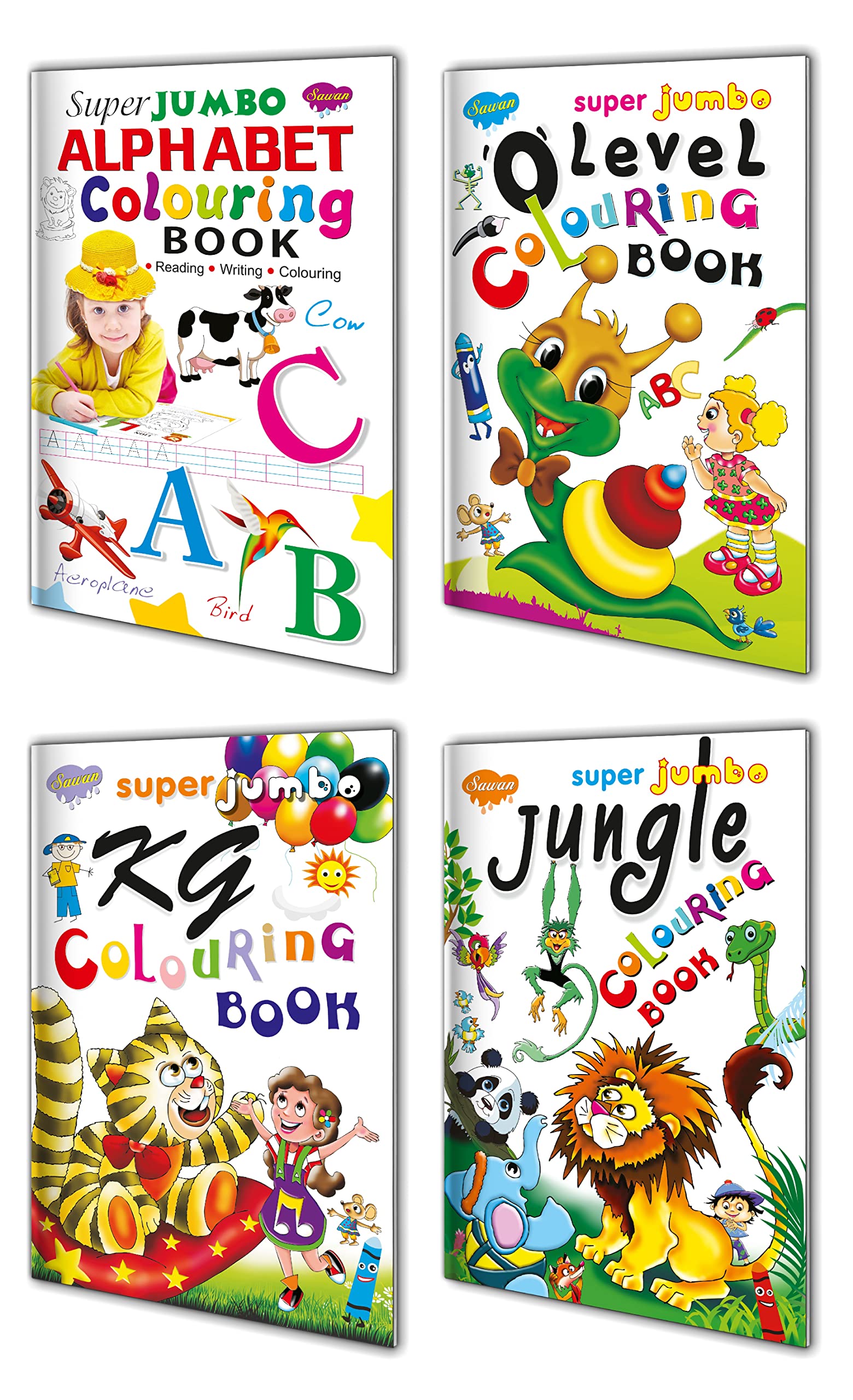 Super Jumbo Colouring Book | Big Size | Set Of 4 Books | Jungle, Fantasy, 0 Level And Kg Colouring
